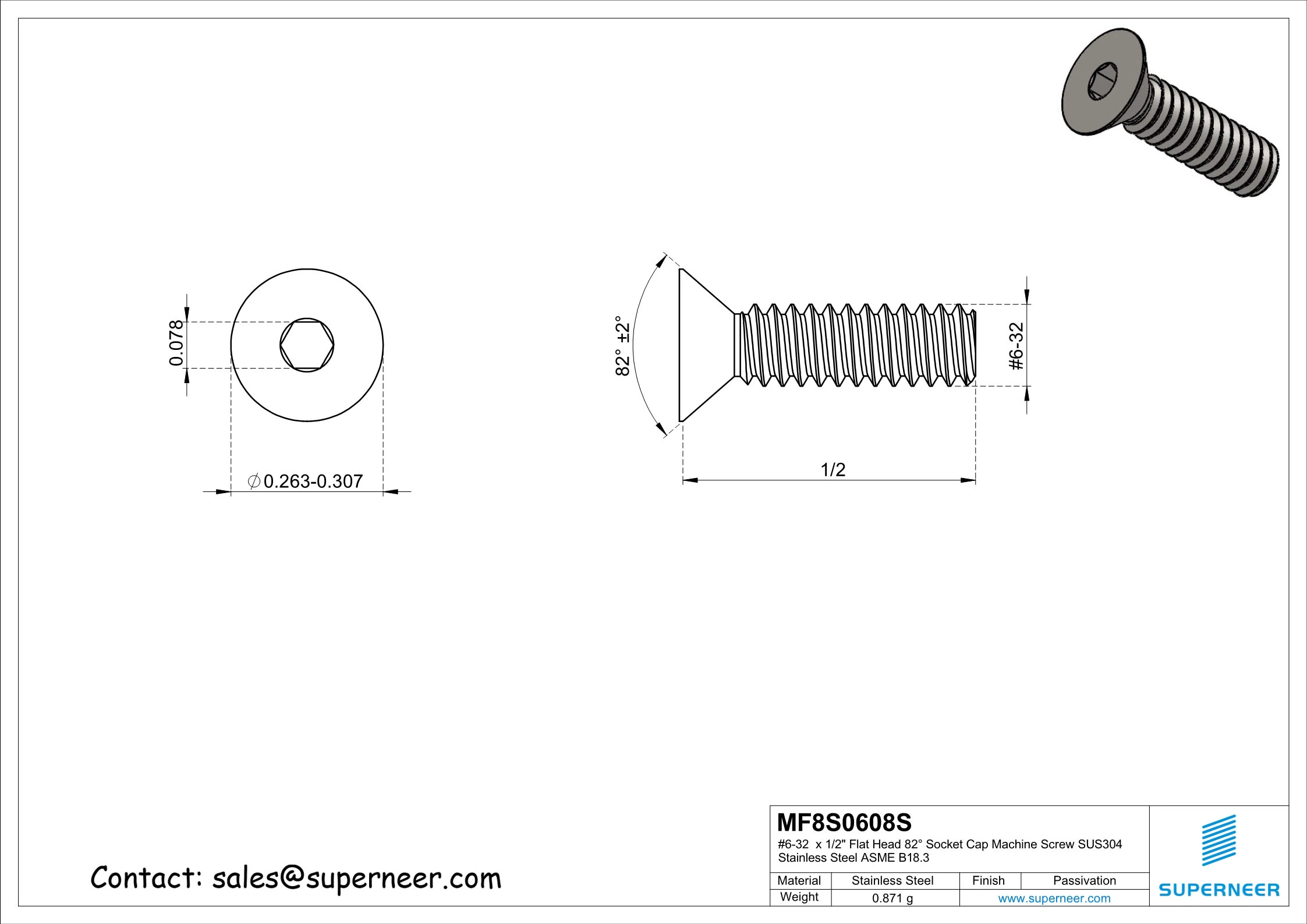 6-32 x 1/2" Flat Head 82&deg; Socket Cap Machine Screw SUS304 Stainless Steel Inox ASME B18.3