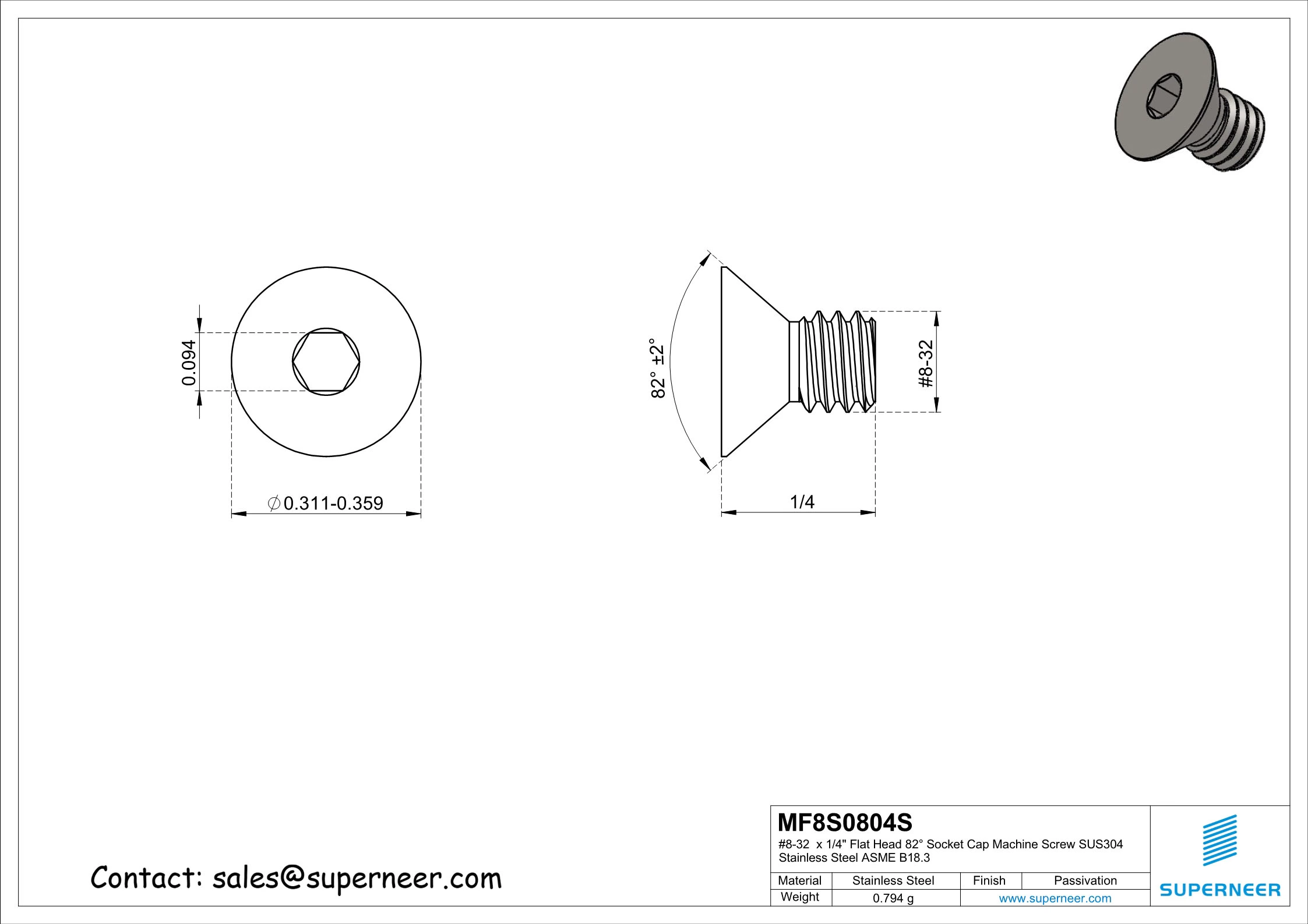 8-32 x 1/4" Flat Head 82&deg; Socket Cap Machine Screw SUS304 Stainless Steel Inox ASME B18.3