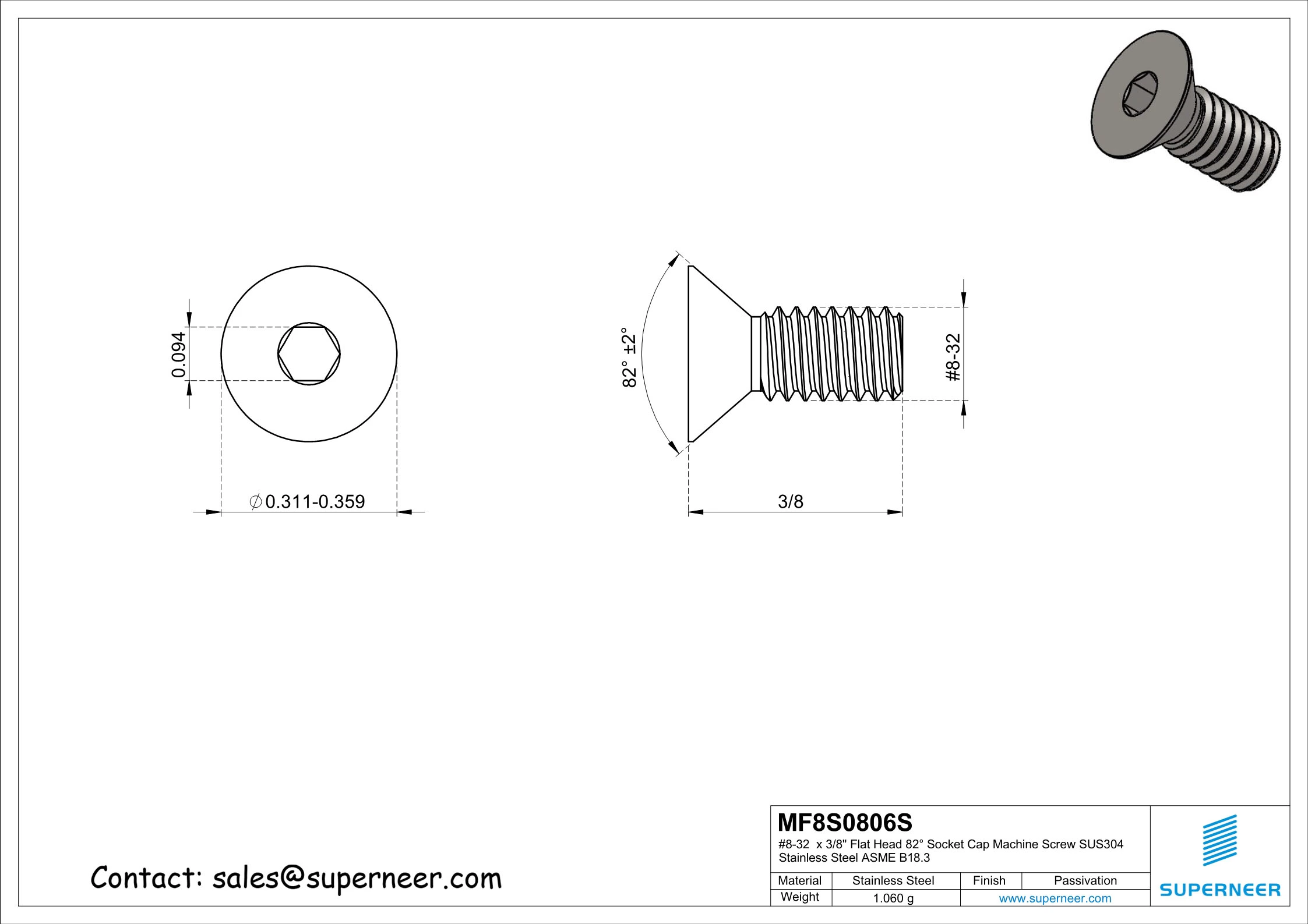 8-32 x 3/8 " Flat Head 82&deg; Socket Cap Machine Screw SUS304 Stainless Steel Inox ASME B18.3