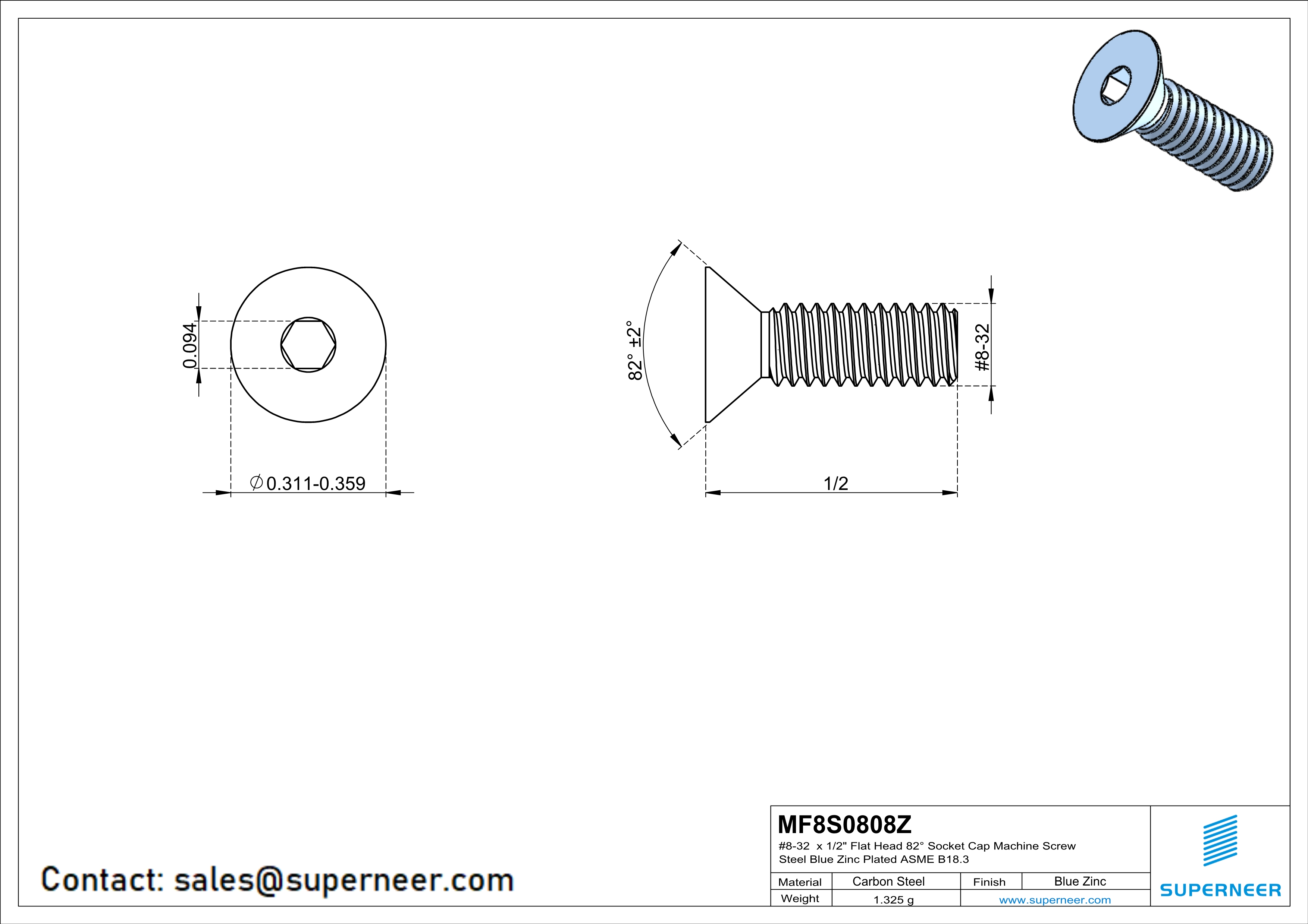 8-32 x 1/2"Flat Head 82&deg; Socket Cap Machine Screw Steel Blue Zinc Plated ASME B18.3