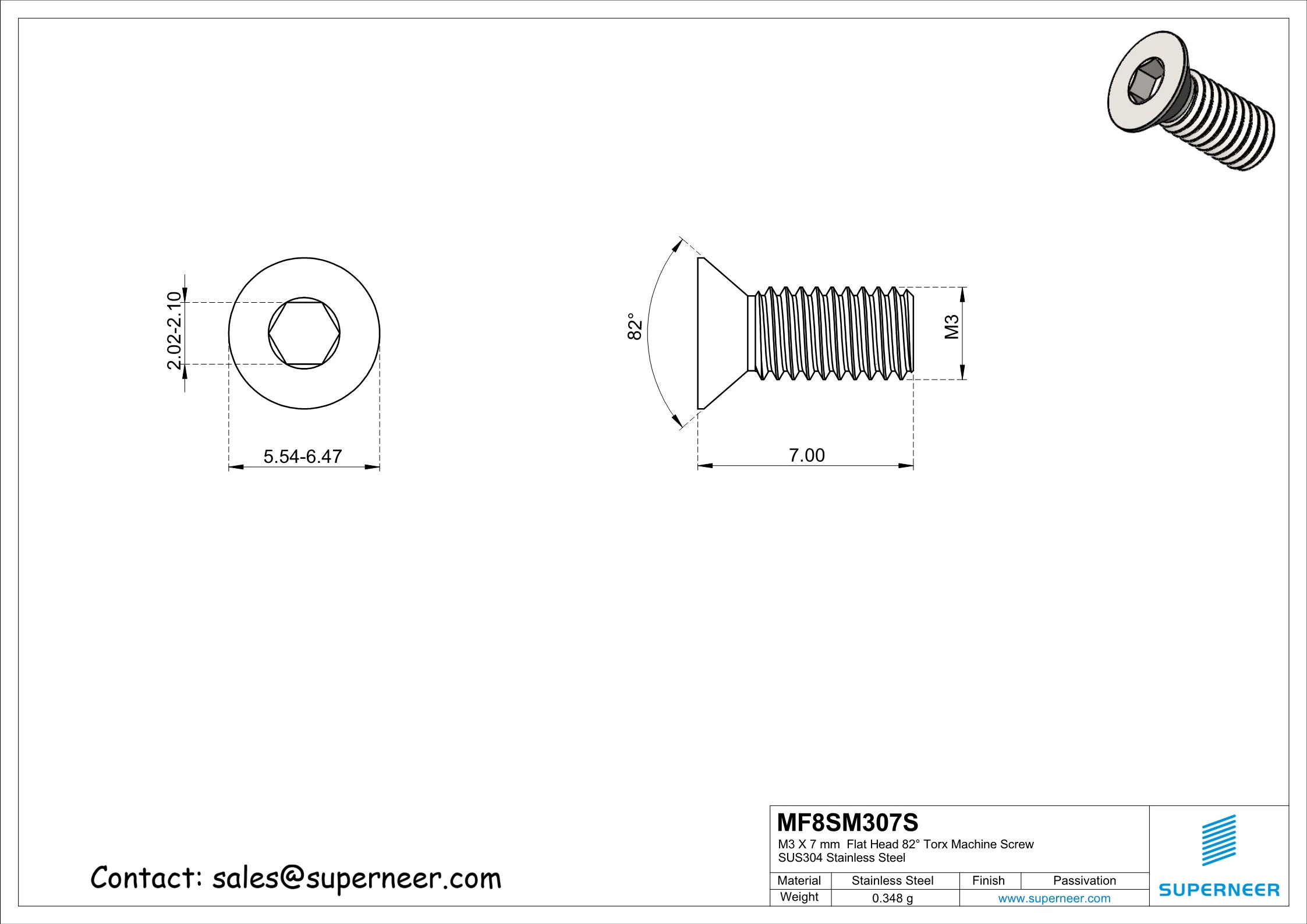 M3 x 7 mm Flat Head 82&deg; Socket Cap Machine Screw SUS304 Stainless Steel Inox