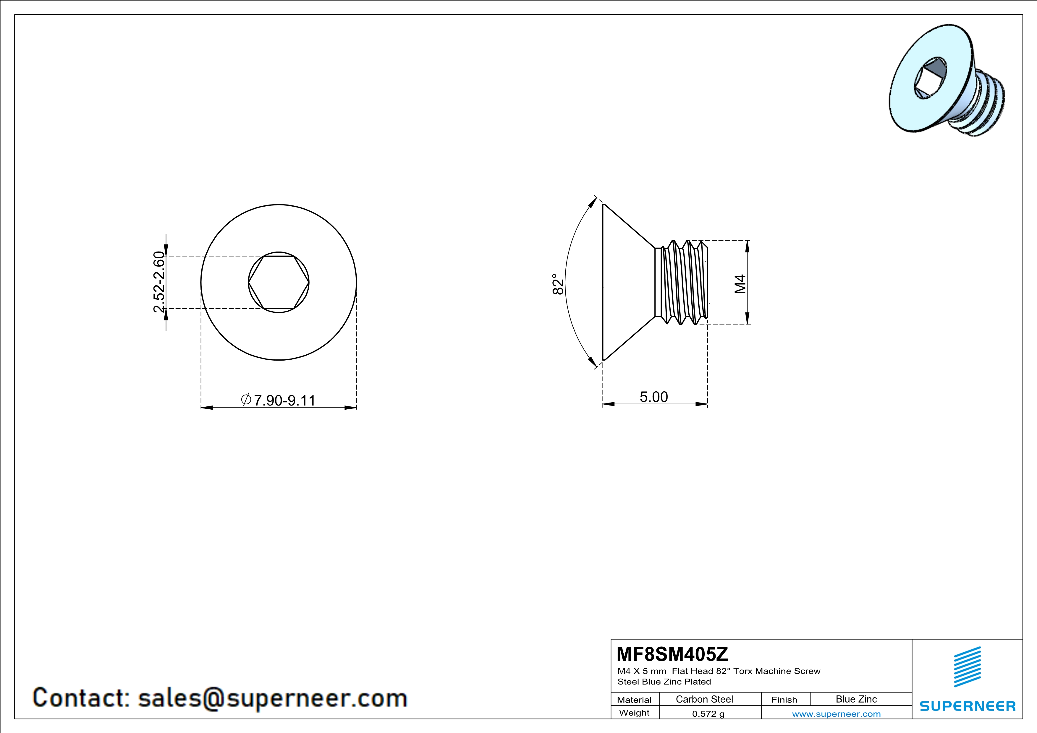 M4 x 4 mm Flat Head 82&deg; Socket Cap Machine Screw Steel Blue Zinc Plated