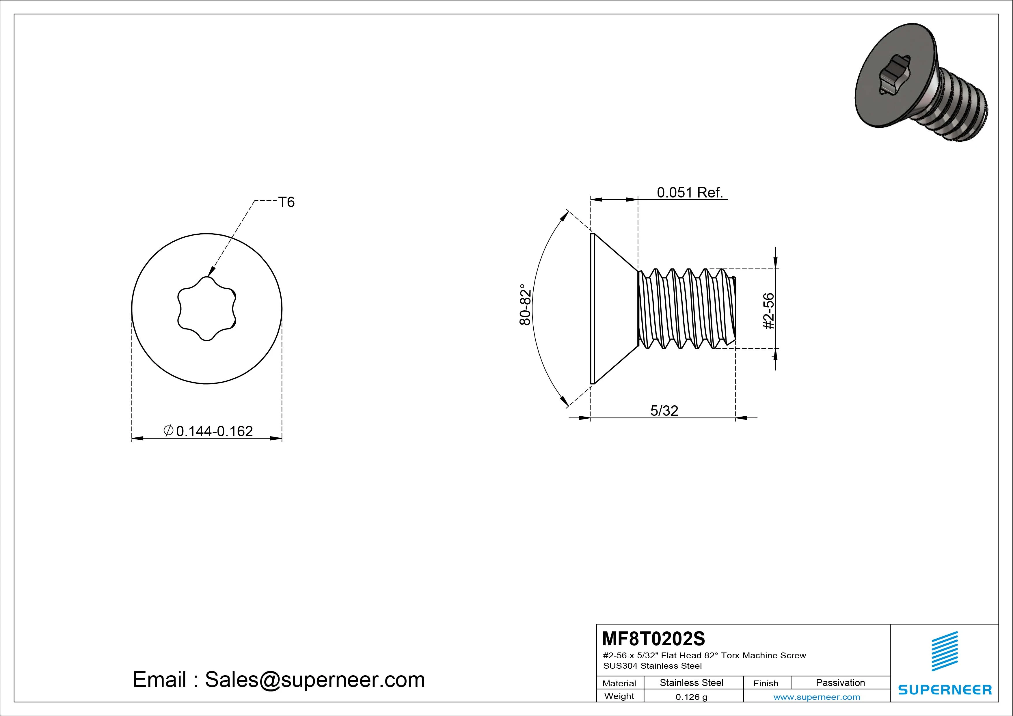 #2-56 x 5/32" Flat Head 82&deg; Torx Machine Screw SUS304 Stainless Steel