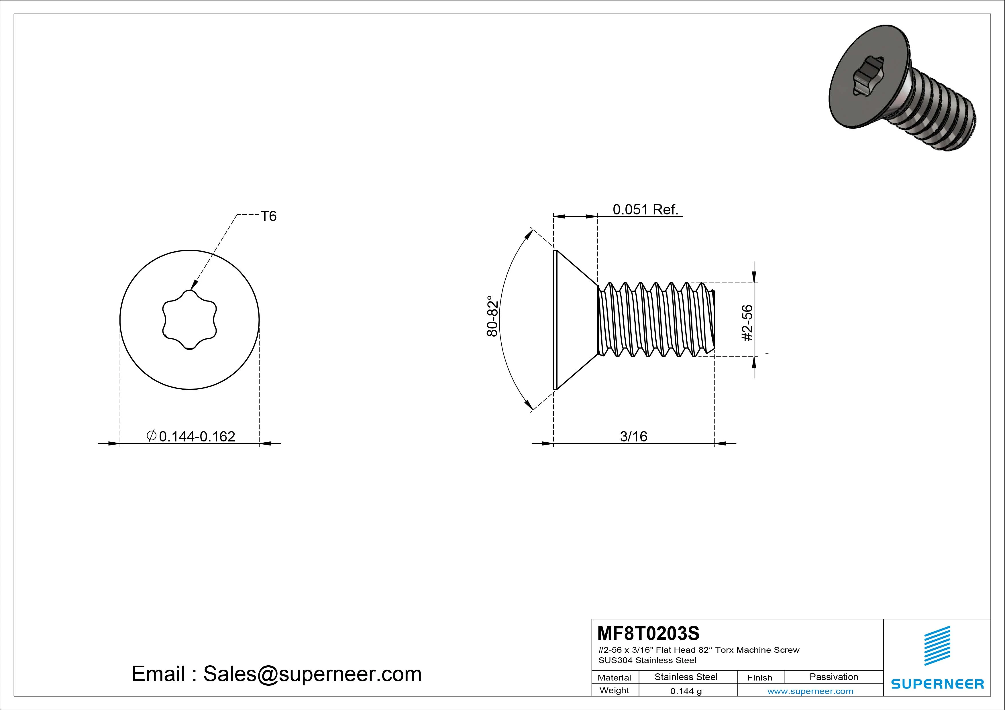 #2-56 x 3/16" Flat Head 82&deg; Torx Machine Screw SUS304 Stainless Steel