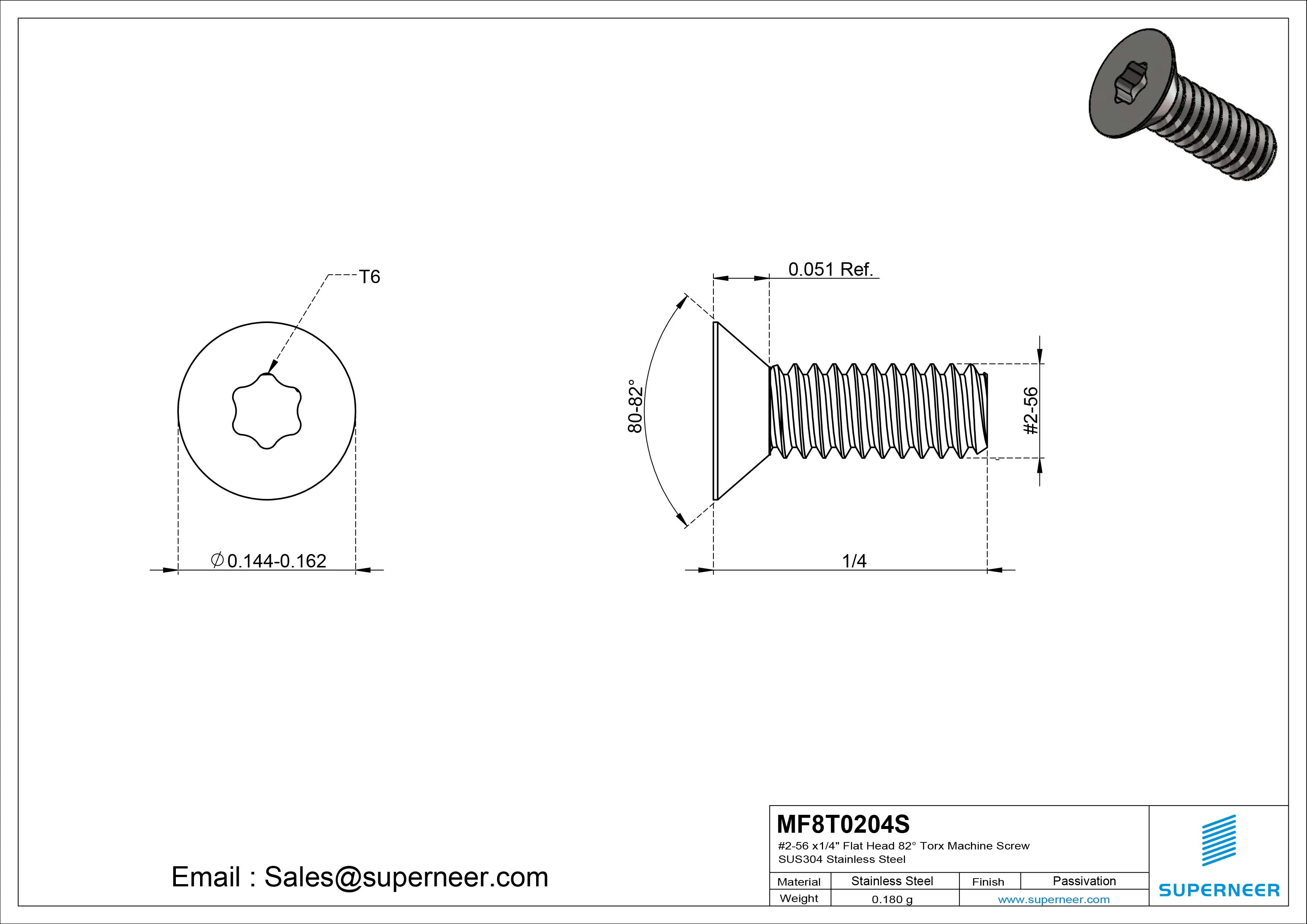 #2-56 x 1/4" Flat Head 82&deg; Torx Machine Screw SUS304 Stainless Steel