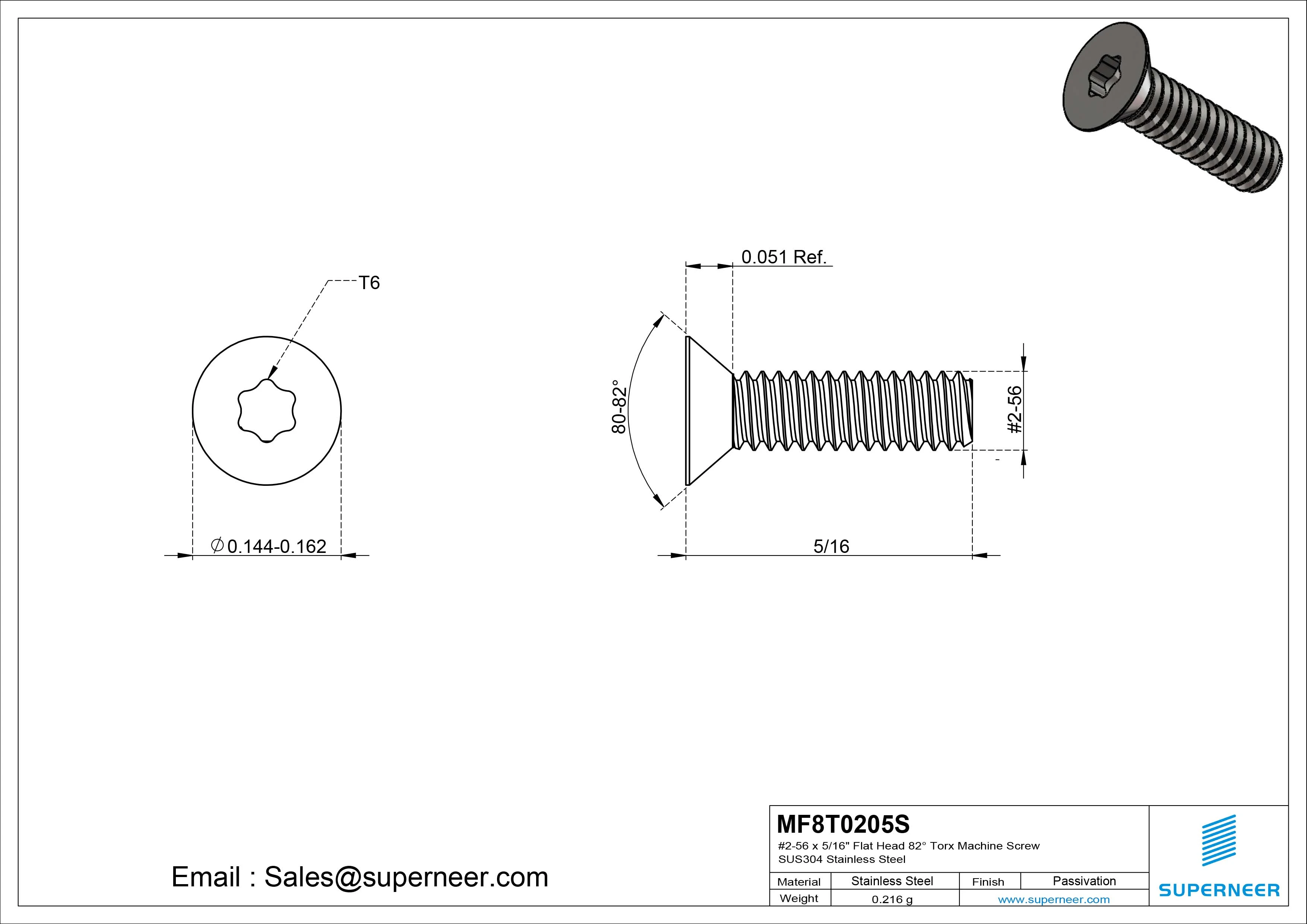 #2-56 x 5/16" Flat Head 82&deg; Torx Machine Screw SUS304 Stainless Steel