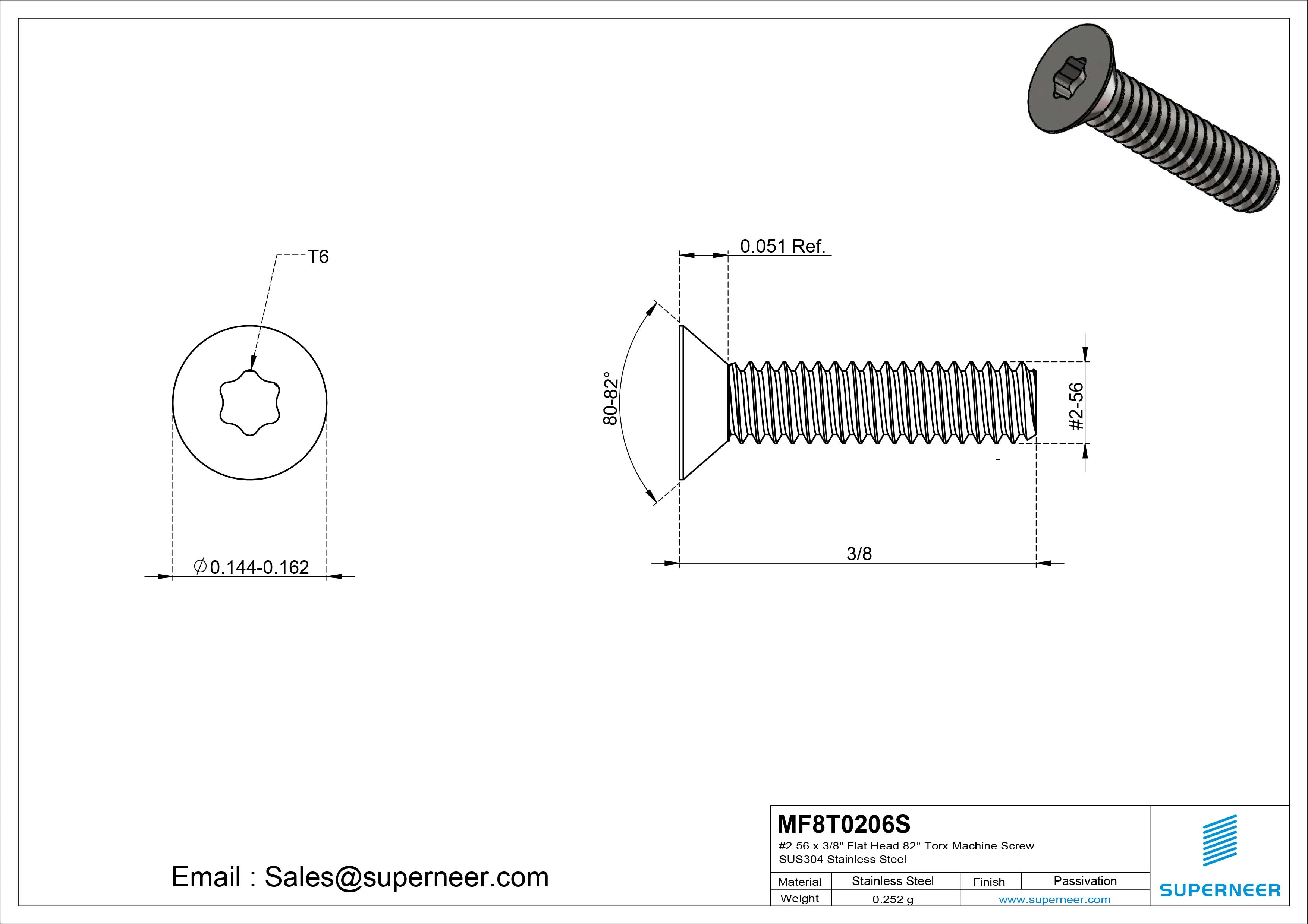 #2-56 x 3/8" Flat Head 82&deg; Torx Machine Screw SUS304 Stainless Steel