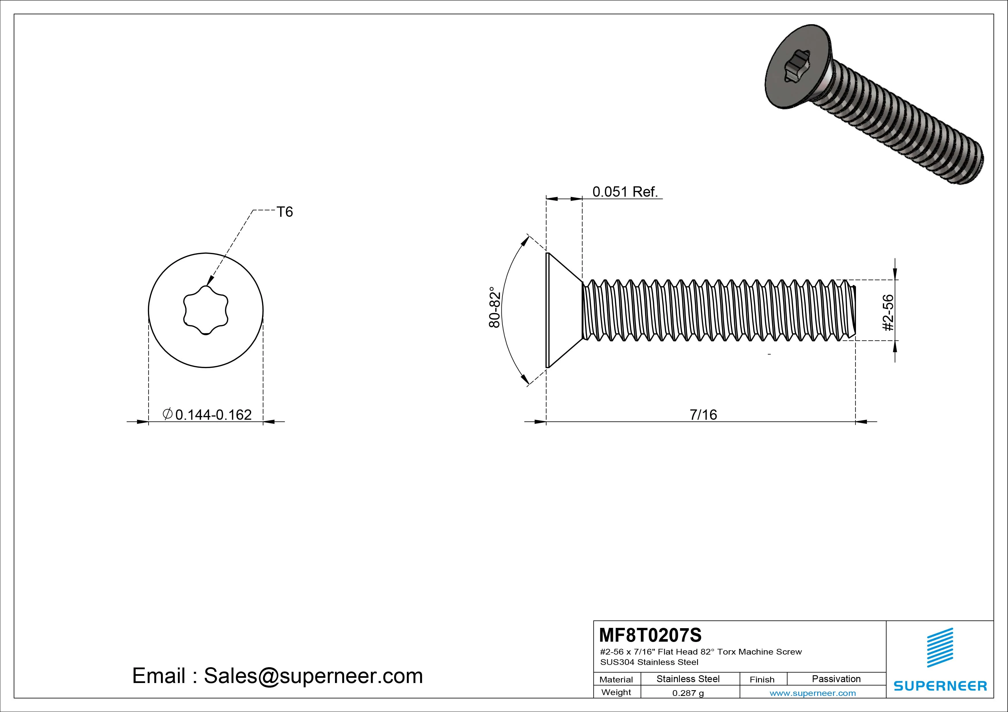 #2-56 x 7/16" Flat Head 82&deg; Torx Machine Screw SUS304 Stainless Steel