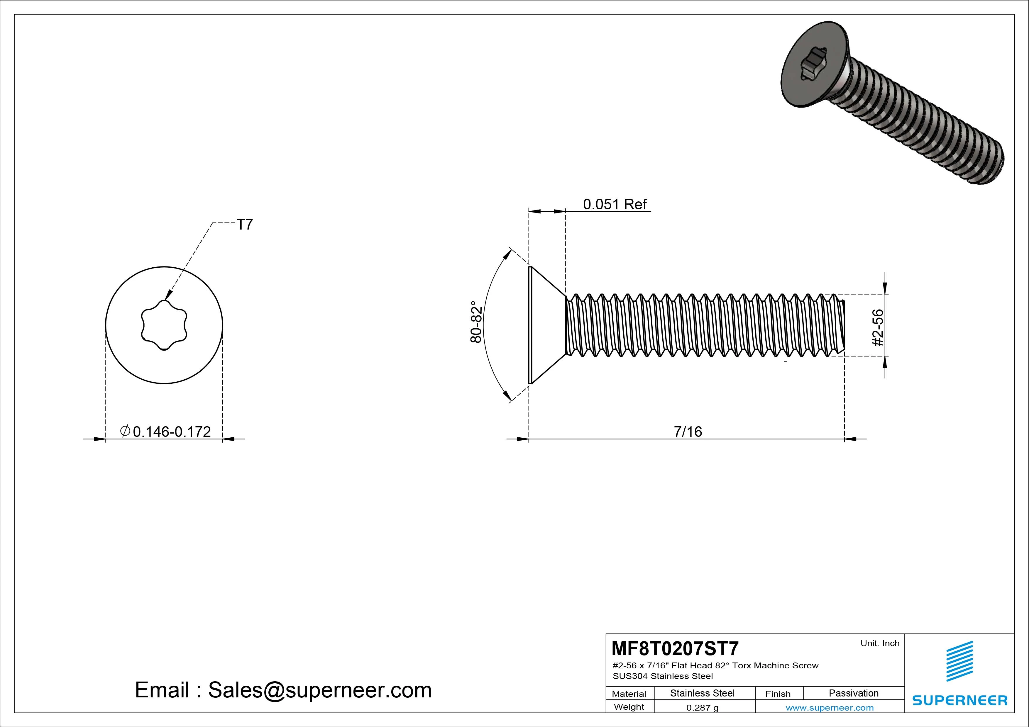 #2-56 x 7/16" Flat Head 82&deg; Torx T7 Machine Screw SUS304 Stainless Steel