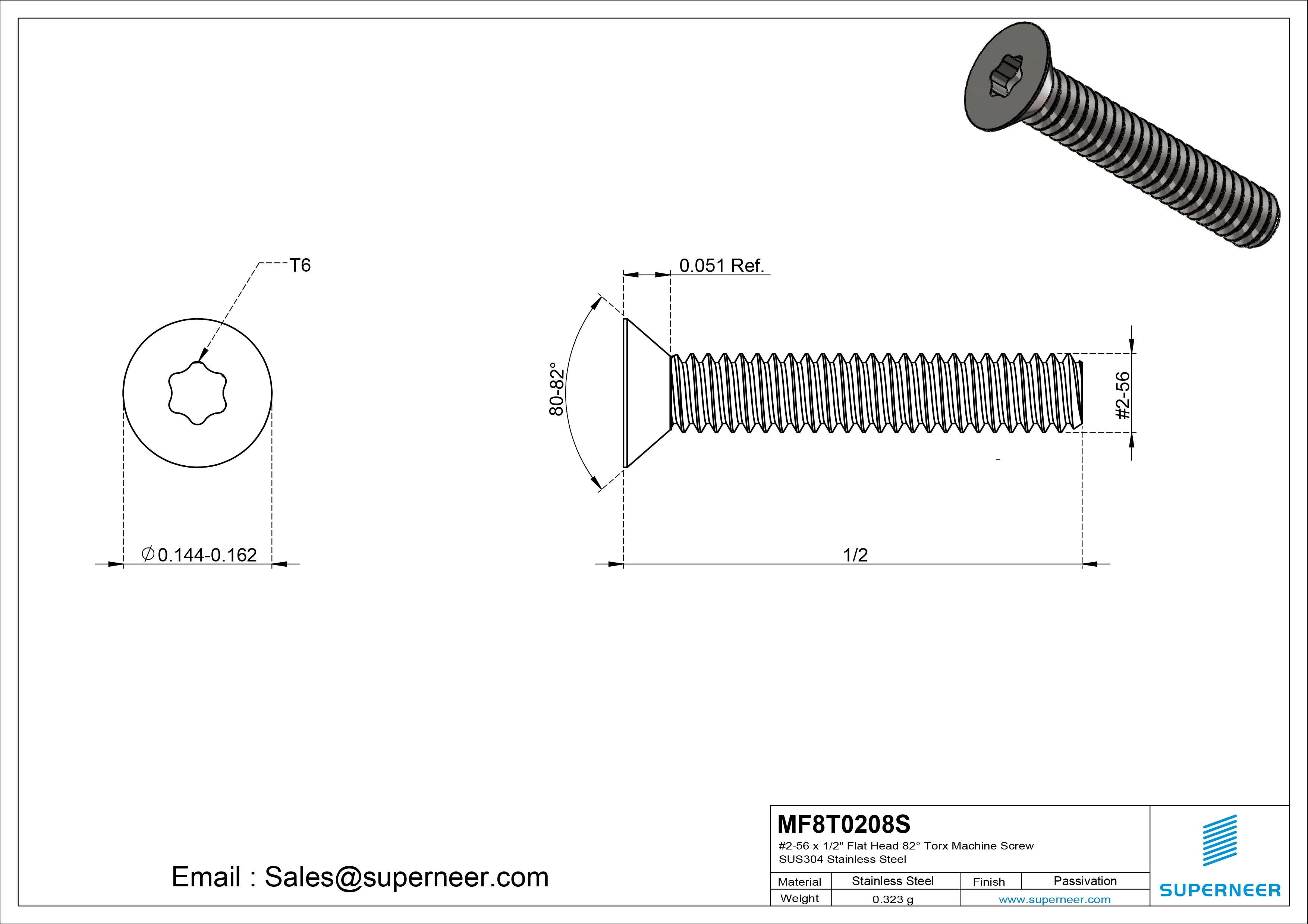 #2-56 x 1/2" Flat Head 82&deg; Torx Machine Screw SUS304 Stainless Steel