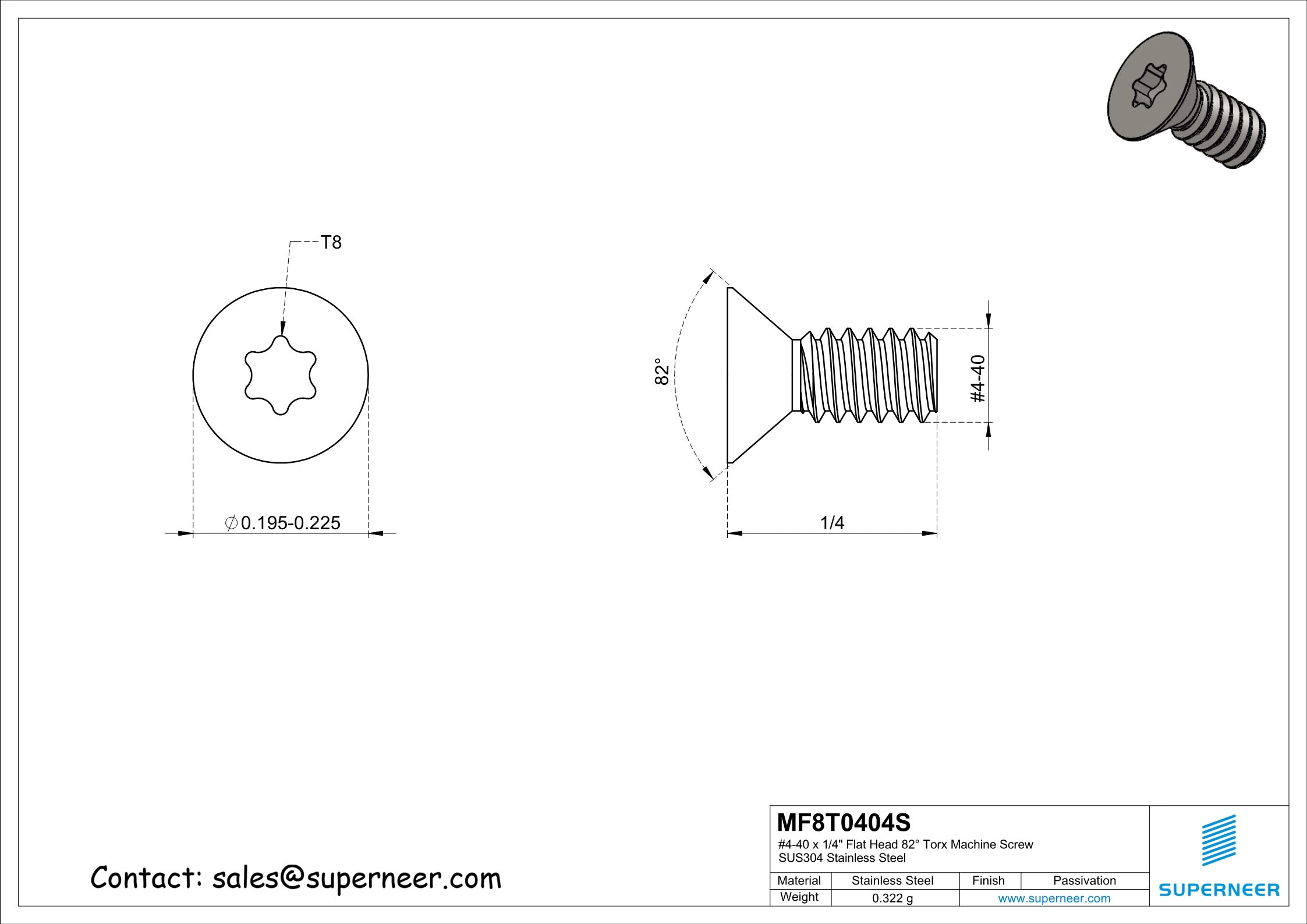 4-40 x 1/4" Flat Head 82&deg; Torx Machine Screw SUS304 Stainless Steel Inox