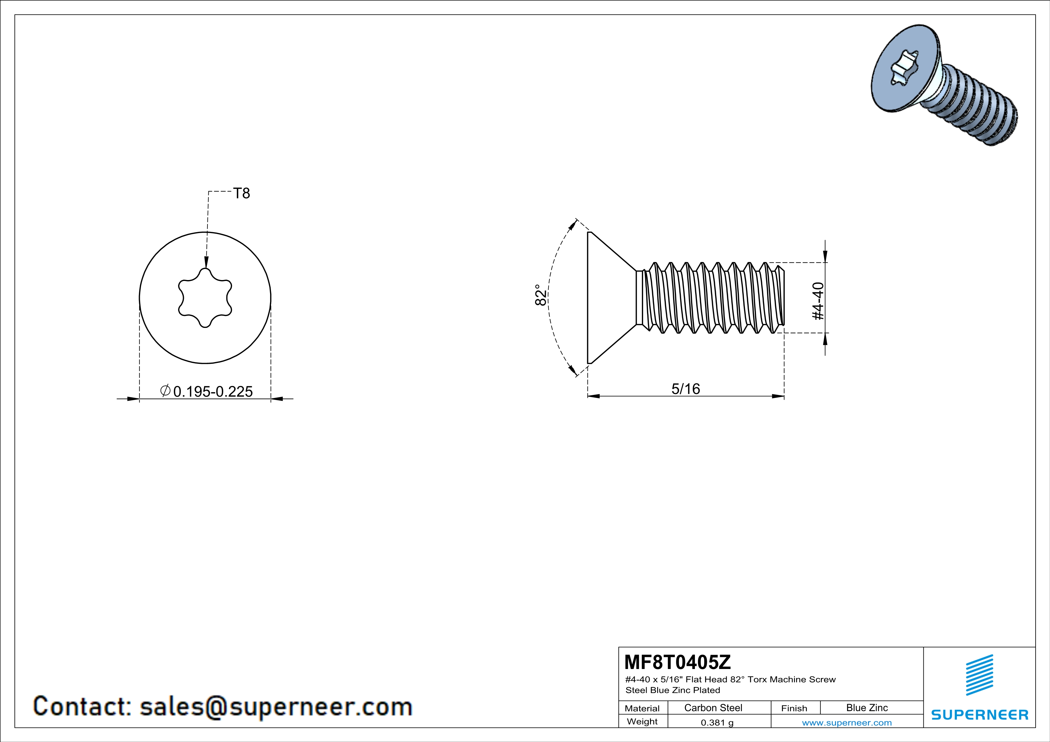 4-40 x 5/16" Flat Head 82&deg; Torx Machine Screw Steel Blue Zinc Plated