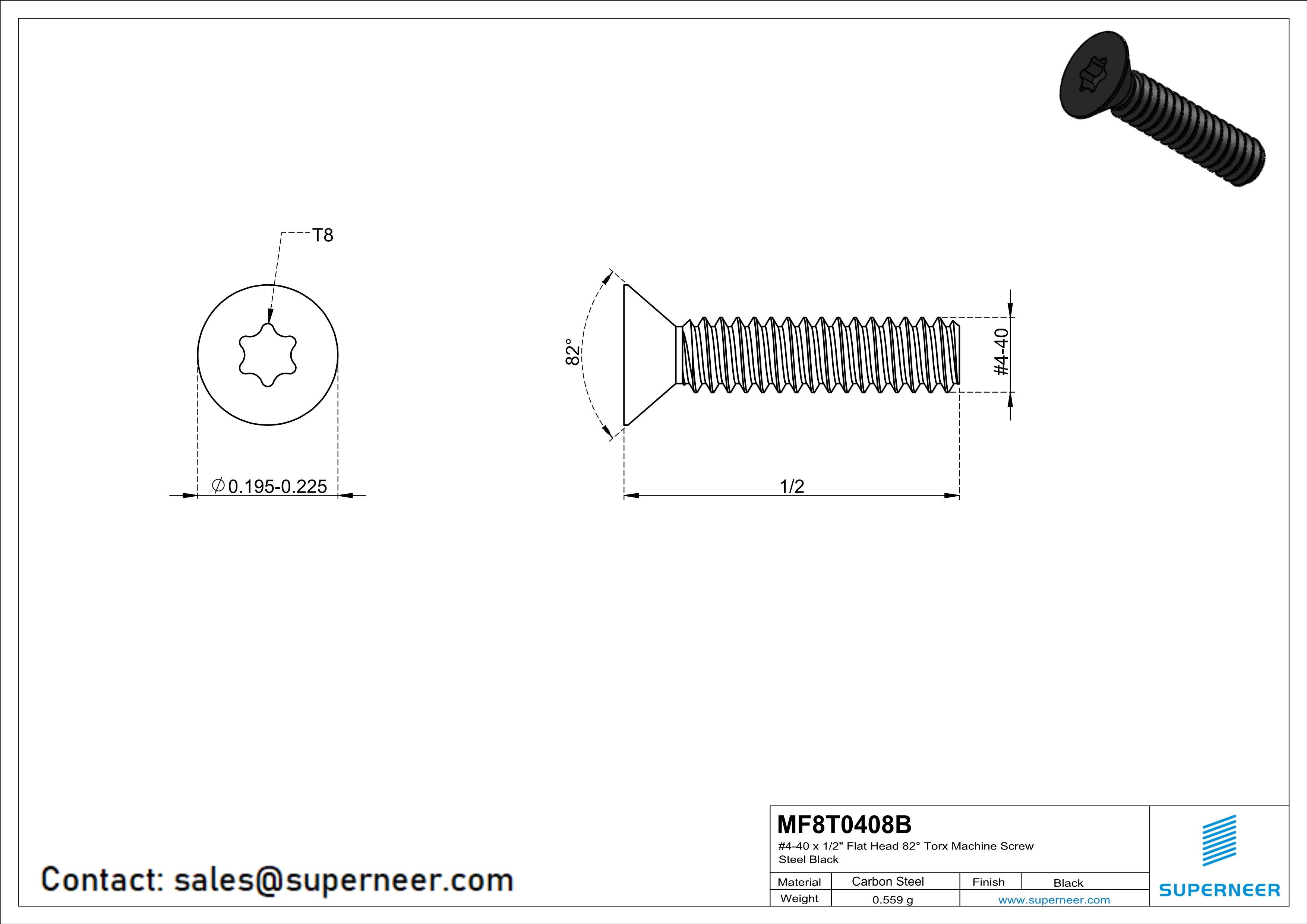 4-40 x 1/2" Flat Head 82&deg; Torx Machine Screw Steel Black