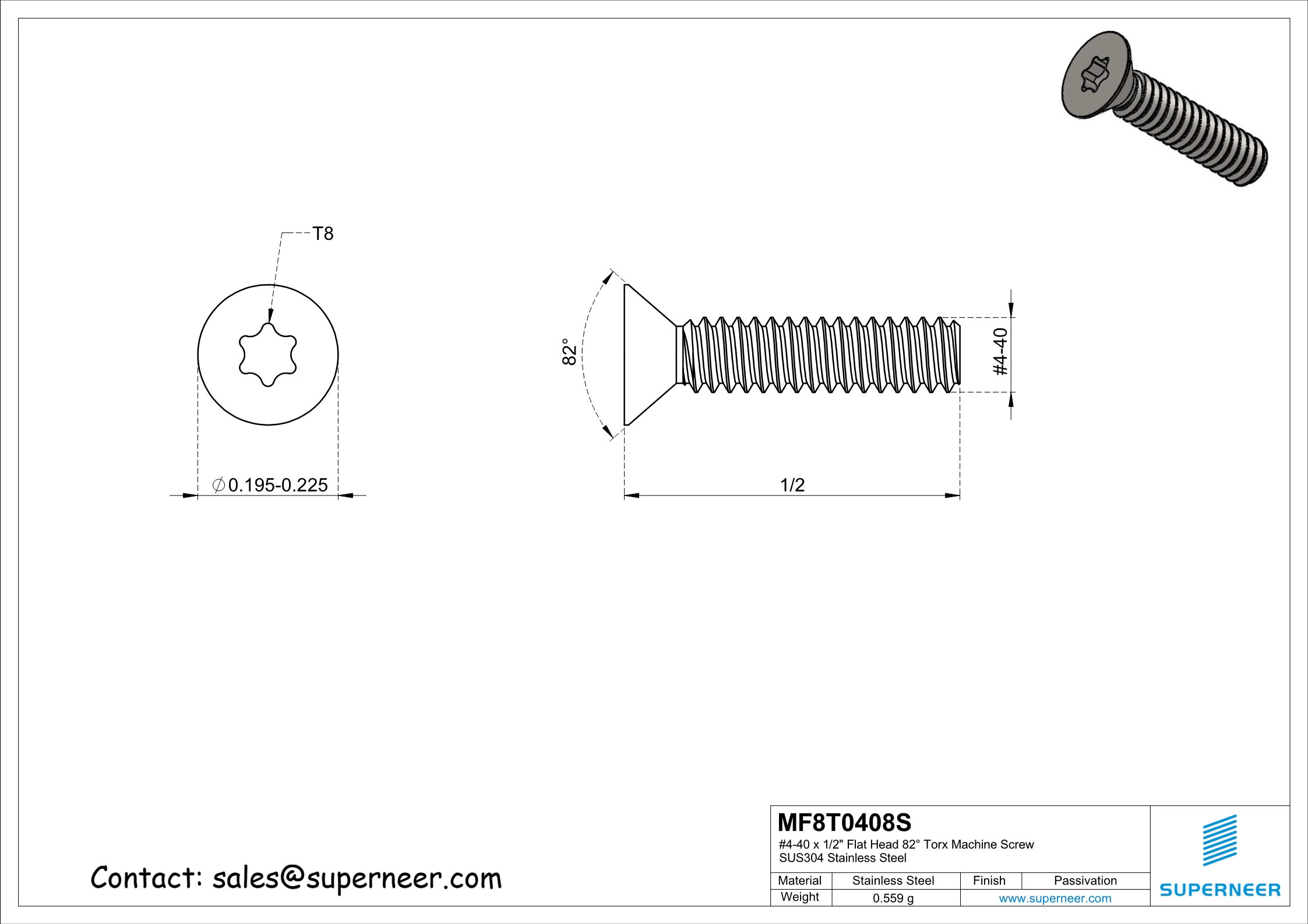 4-40 x 1/2" Flat Head 82&deg; Torx Machine Screw SUS304 Stainless Steel Inox