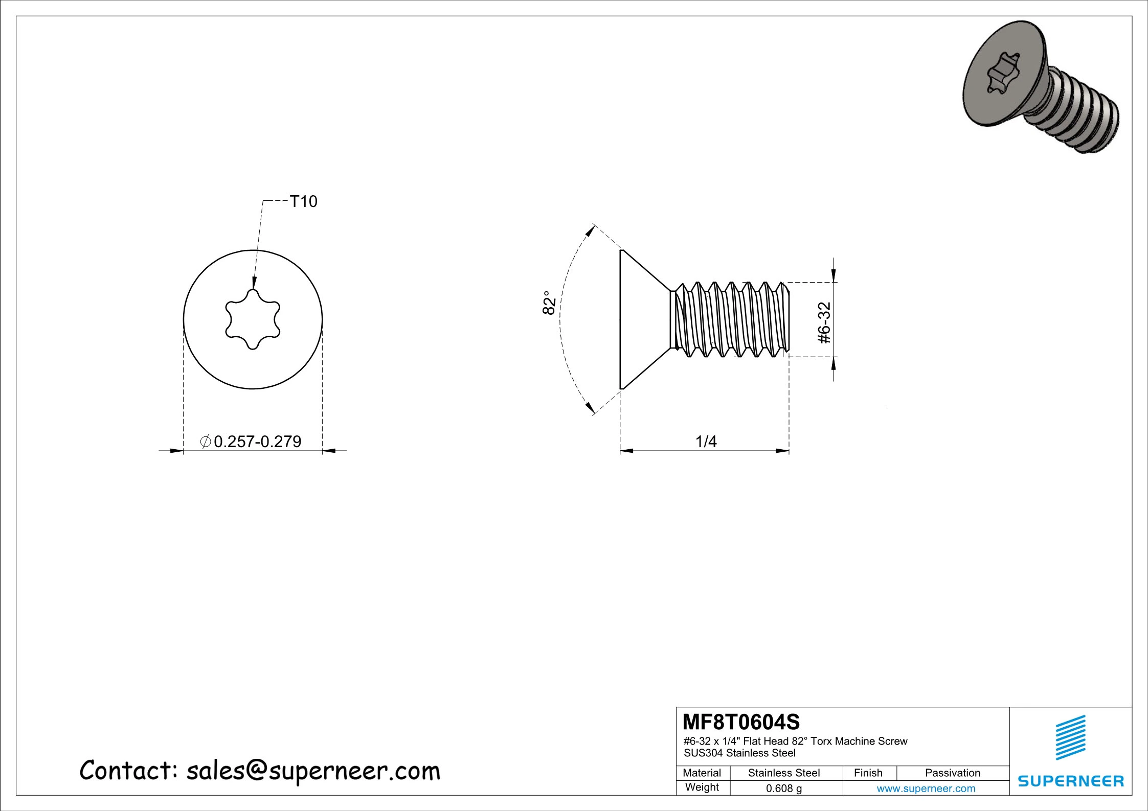 6-32 x 1/4" Flat Head 82&deg; Torx Machine Screw SUS304 Stainless Steel Inox