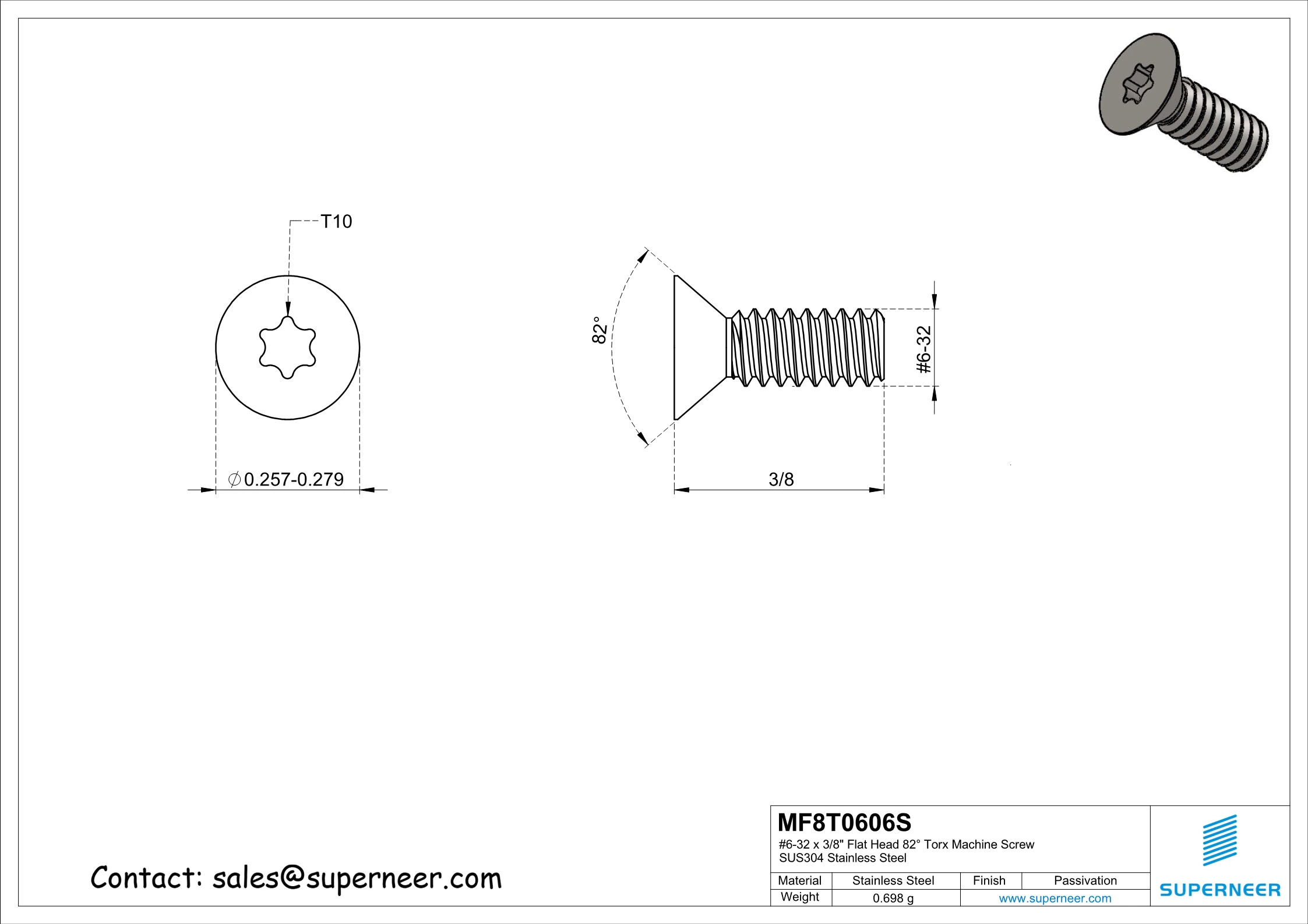 6-32 x 3/8" Flat Head 82&deg; Torx Machine Screw SUS304 Stainless Steel Inox