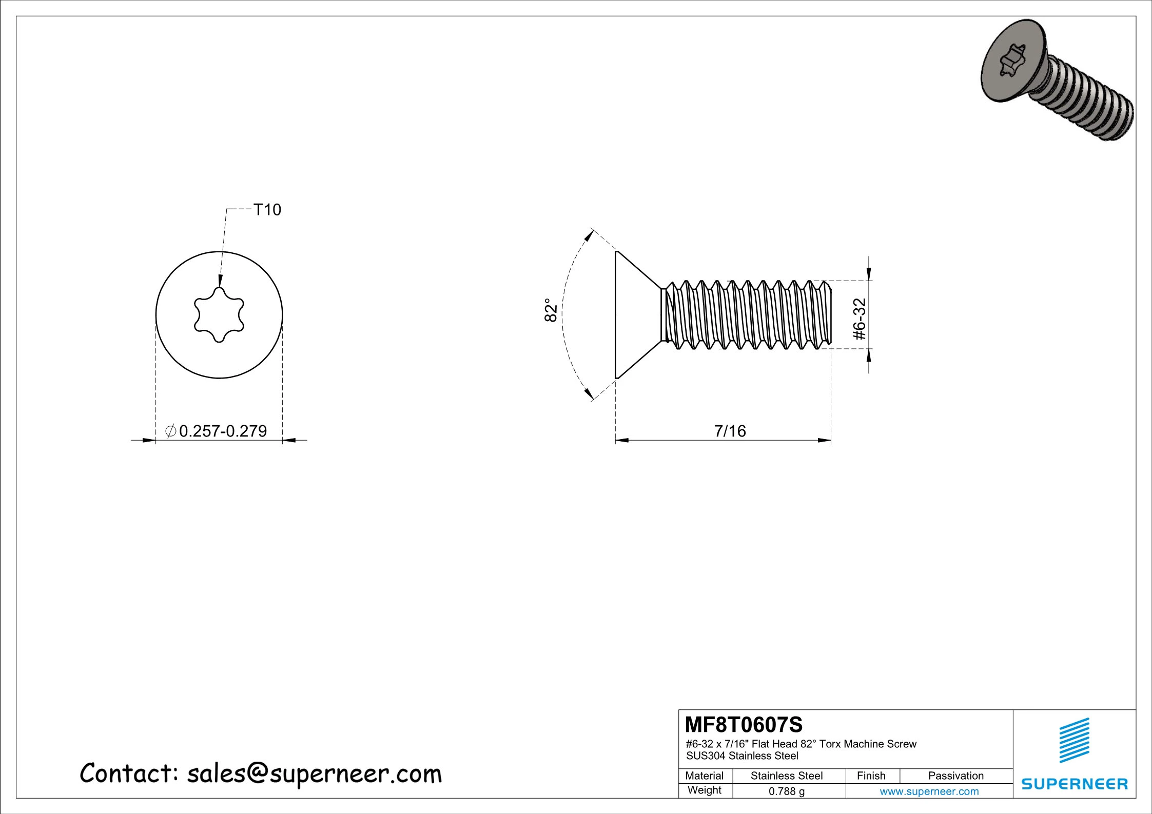 6-32 x 7/16" Flat Head 82&deg; Torx Machine Screw SUS304 Stainless Steel Inox