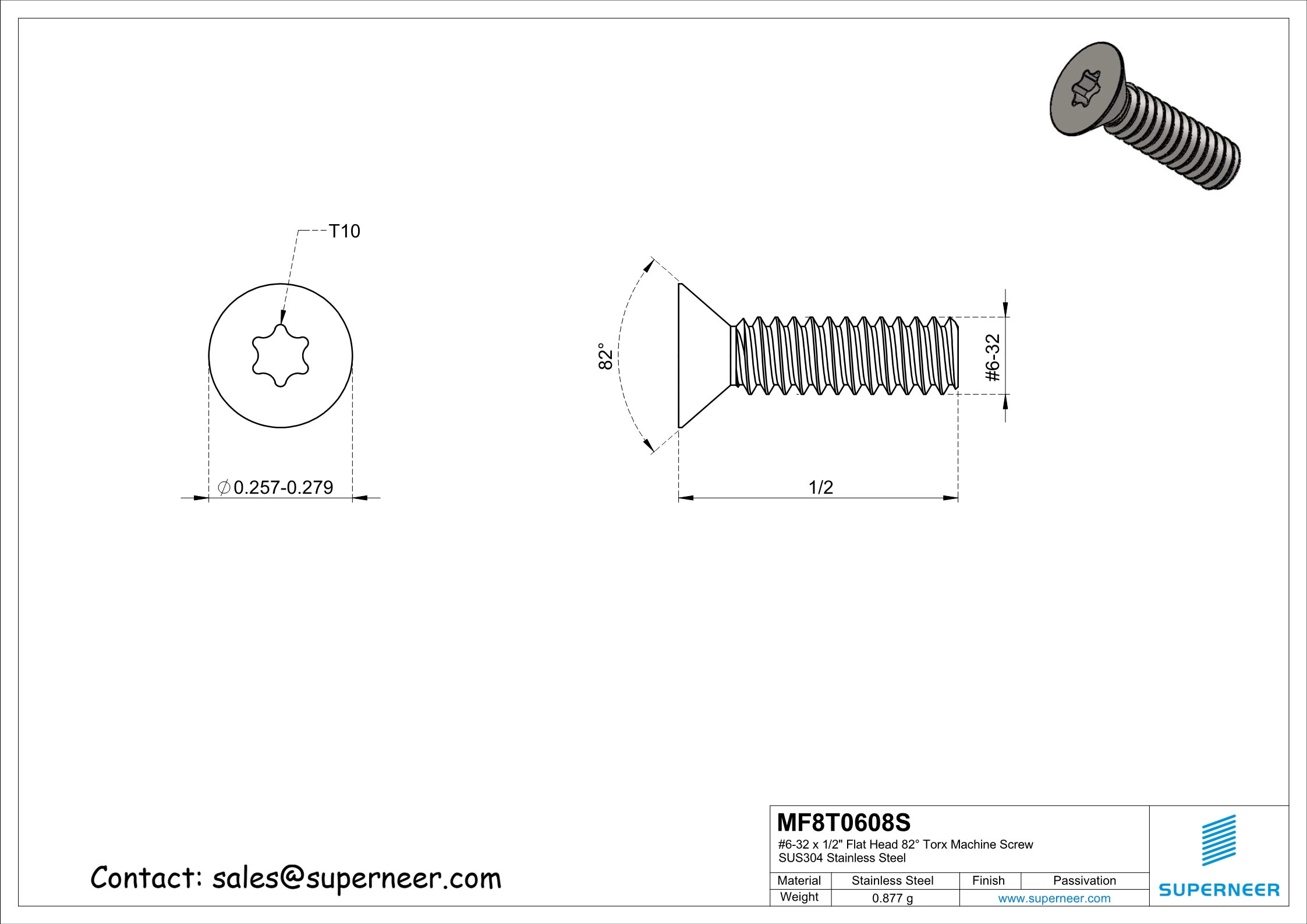 6-32 x 1/2" Flat Head 82&deg; Torx Machine Screw SUS304 Stainless Steel Inox