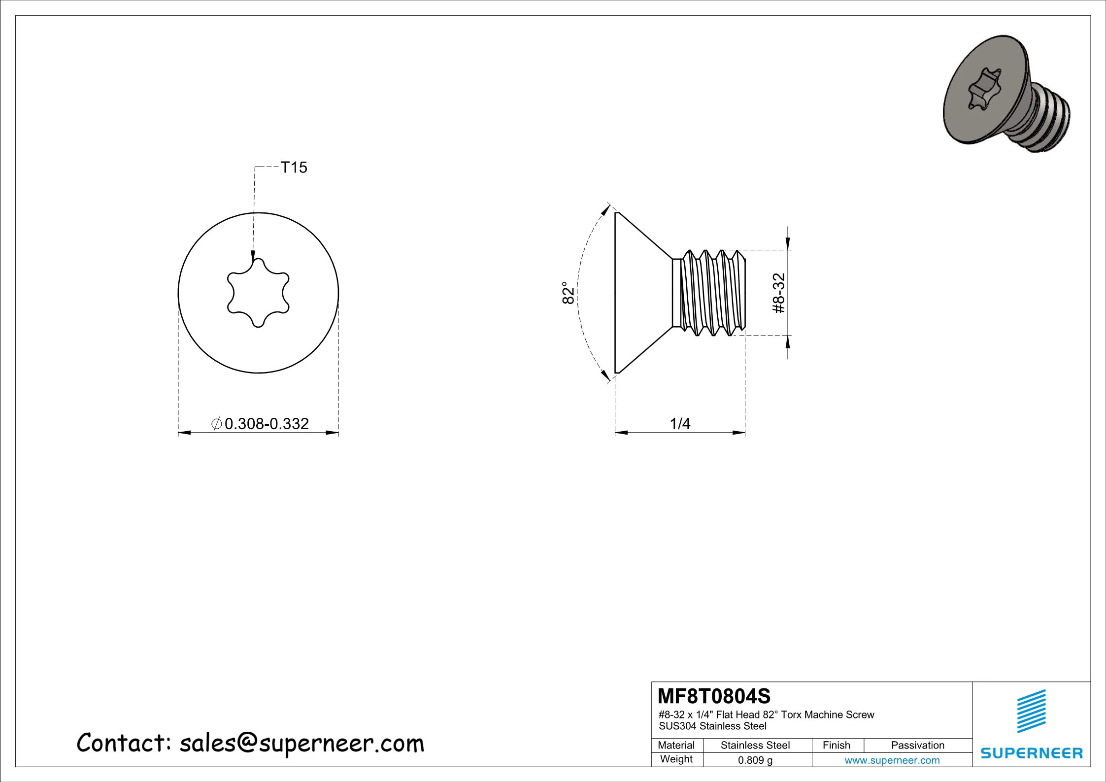 8-32 x 1/4" Flat Head 82&deg; Torx Machine Screw SUS304 Stainless Steel Inox