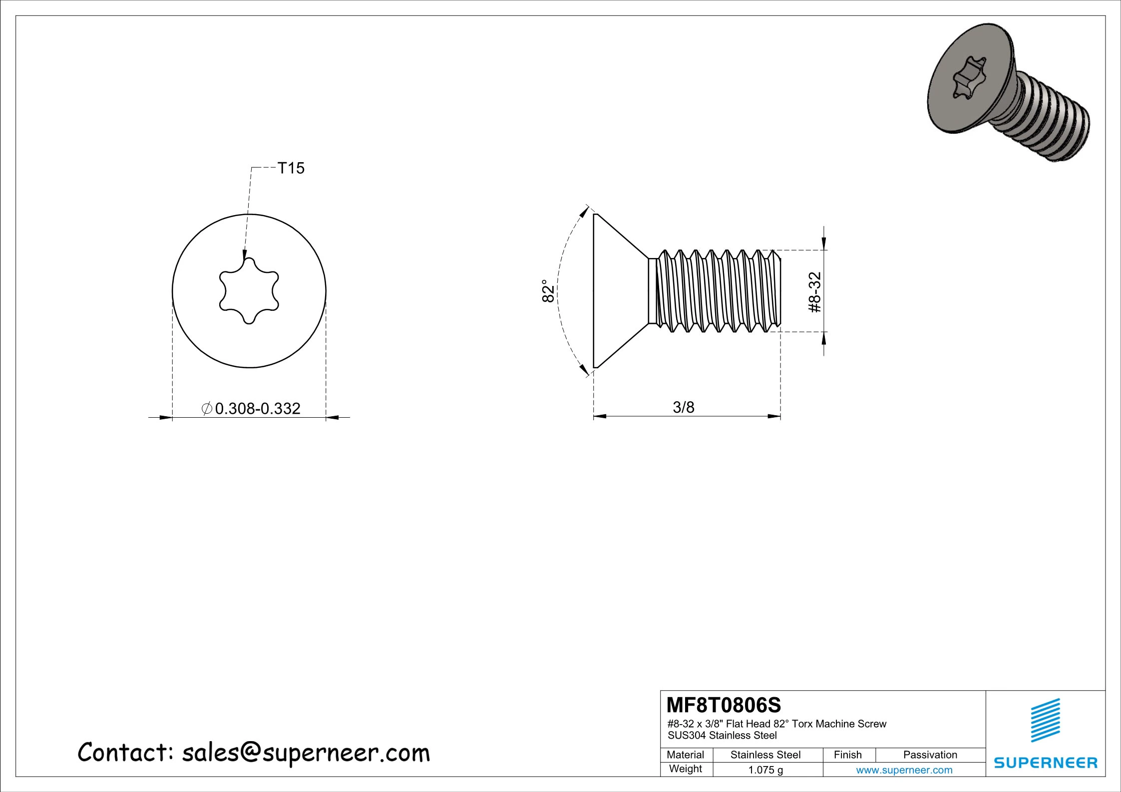 8-32 x 3/8" Flat Head 82&deg; Torx Machine Screw SUS304 Stainless Steel Inox