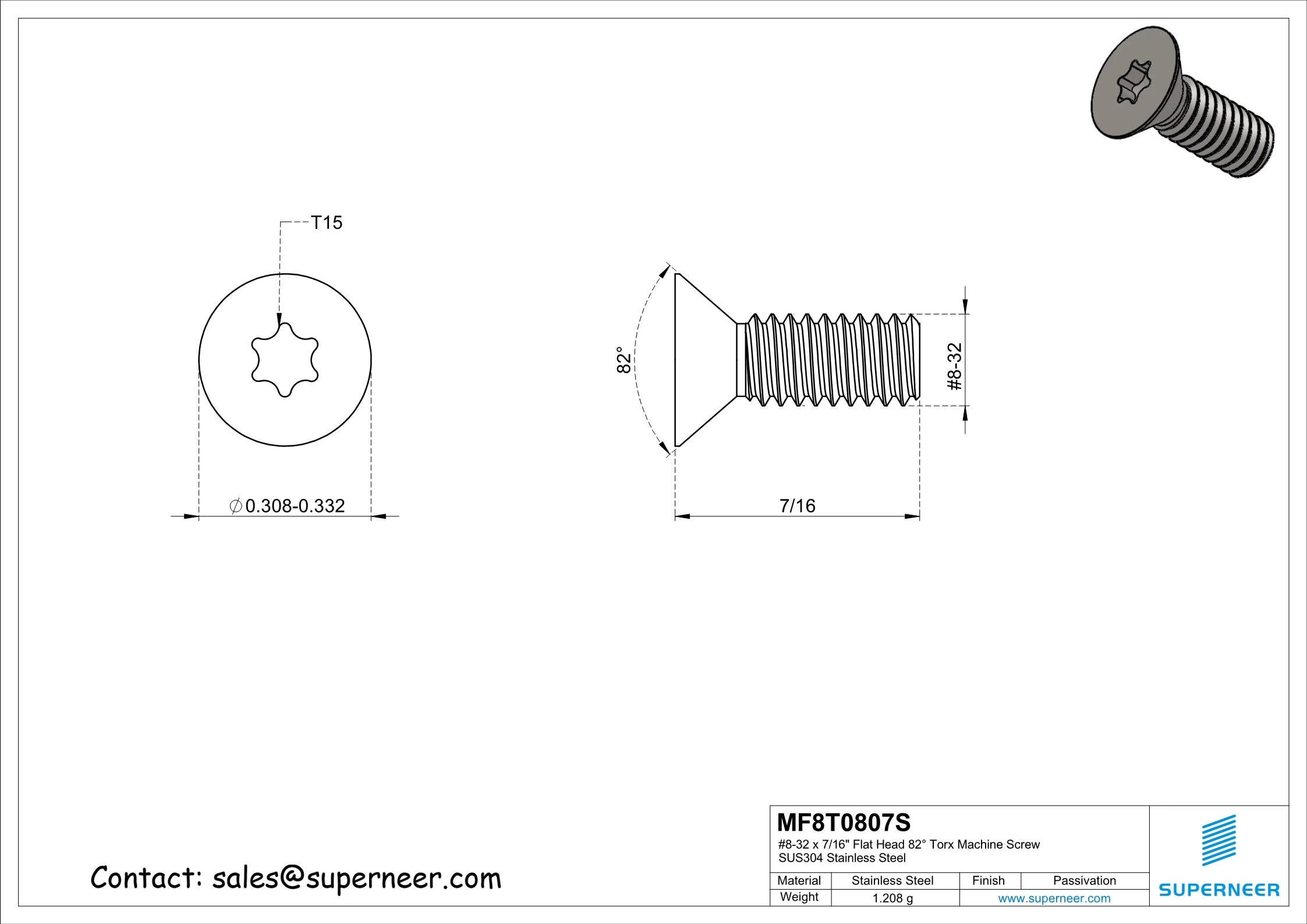 8-32 x 7/16" Flat Head 82&deg; Torx Machine Screw SUS304 Stainless Steel Inox