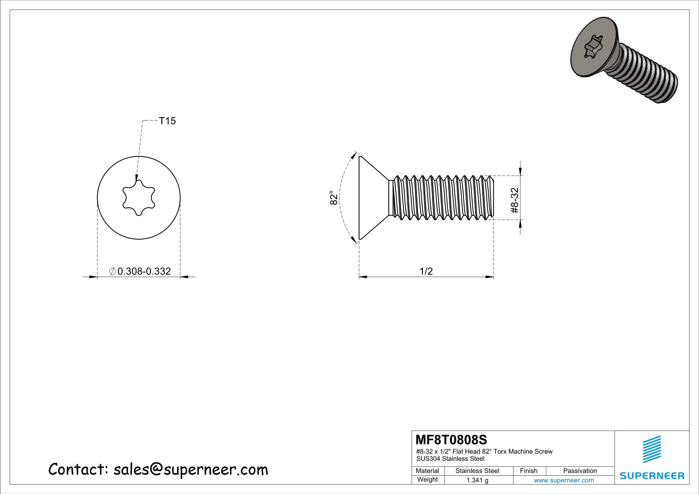 8-32 x 1/2" Flat Head 82&deg; Torx Machine Screw SUS304 Stainless Steel Inox