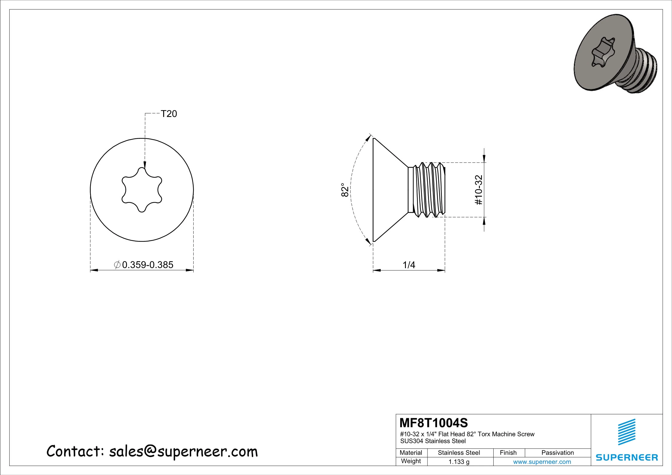 10-32 x 1/4" Flat Head 82&deg; Torx Machine Screw SUS304 Stainless Steel Inox