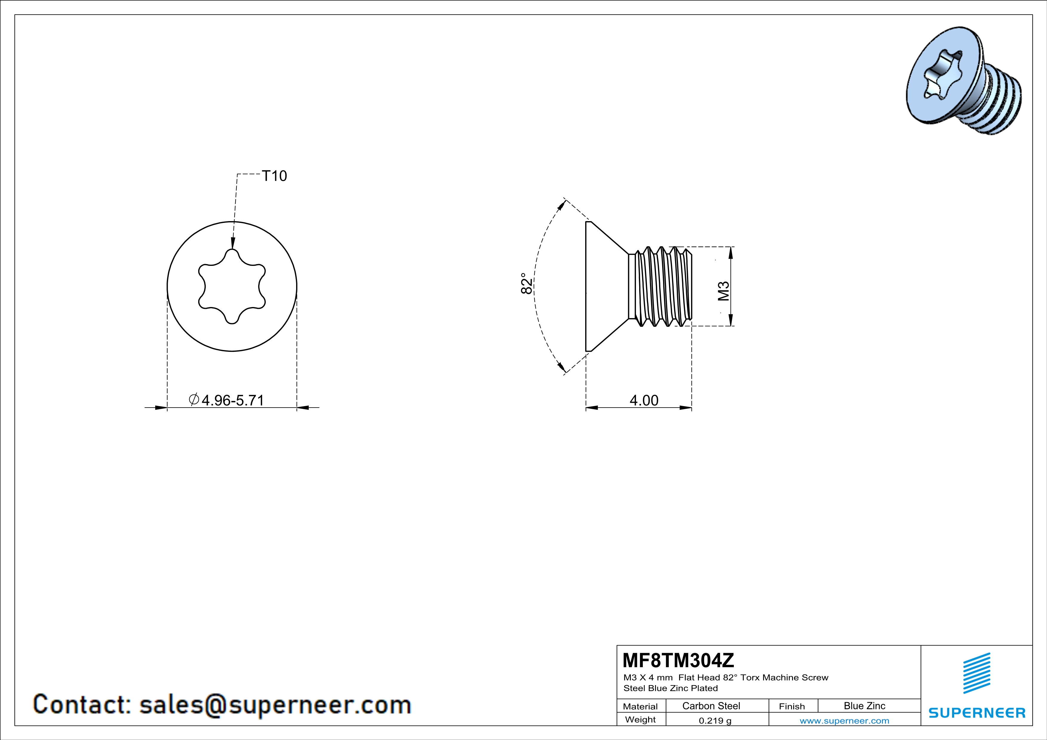 M3 x 4 mm Flat Head 82&deg; Torx Machine Screw Steel Blue Zinc Plated