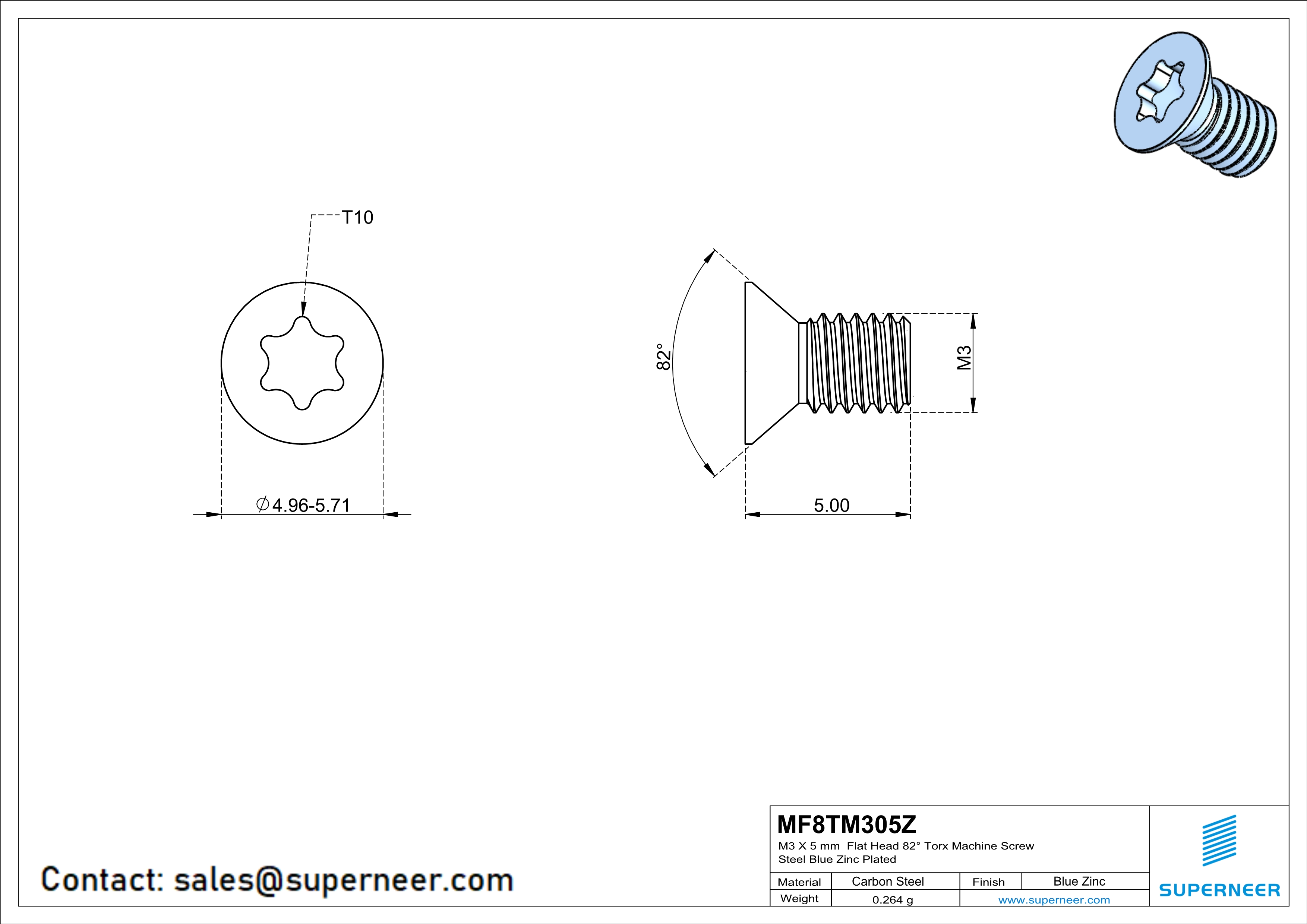 M3 x 5 mm Flat Head 82&deg; Torx Machine Screw Steel Blue Zinc Plated