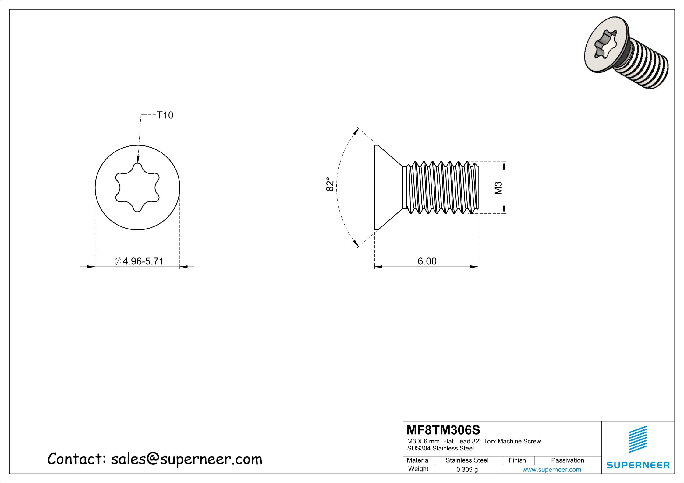 M3 x 6 mm Flat Head 82&deg; Torx Machine Screw SUS304 Stainless Steel Inox