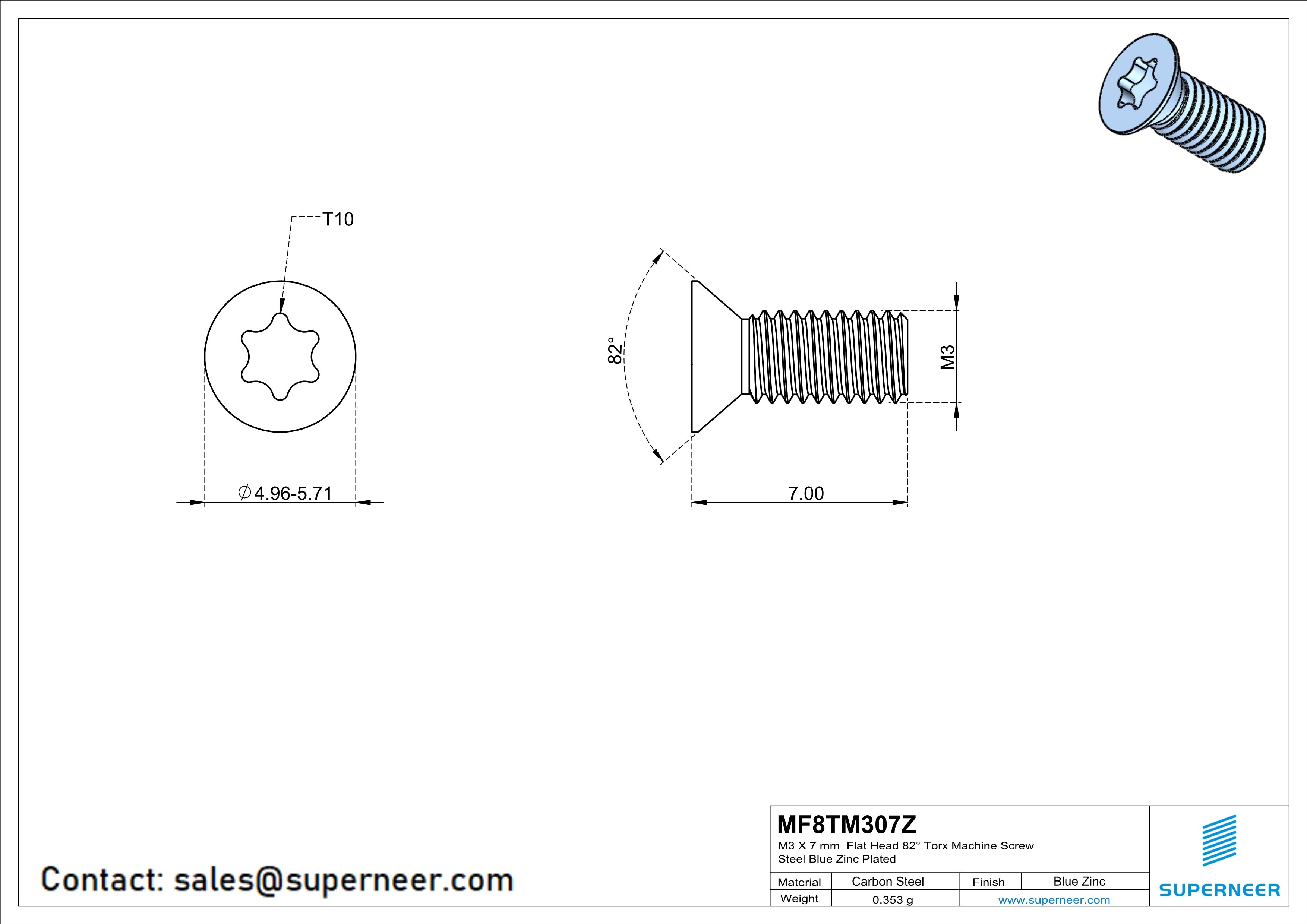 M3 x 7 mm Flat Head 82&deg; Torx Machine Screw Steel Blue Zinc Plated