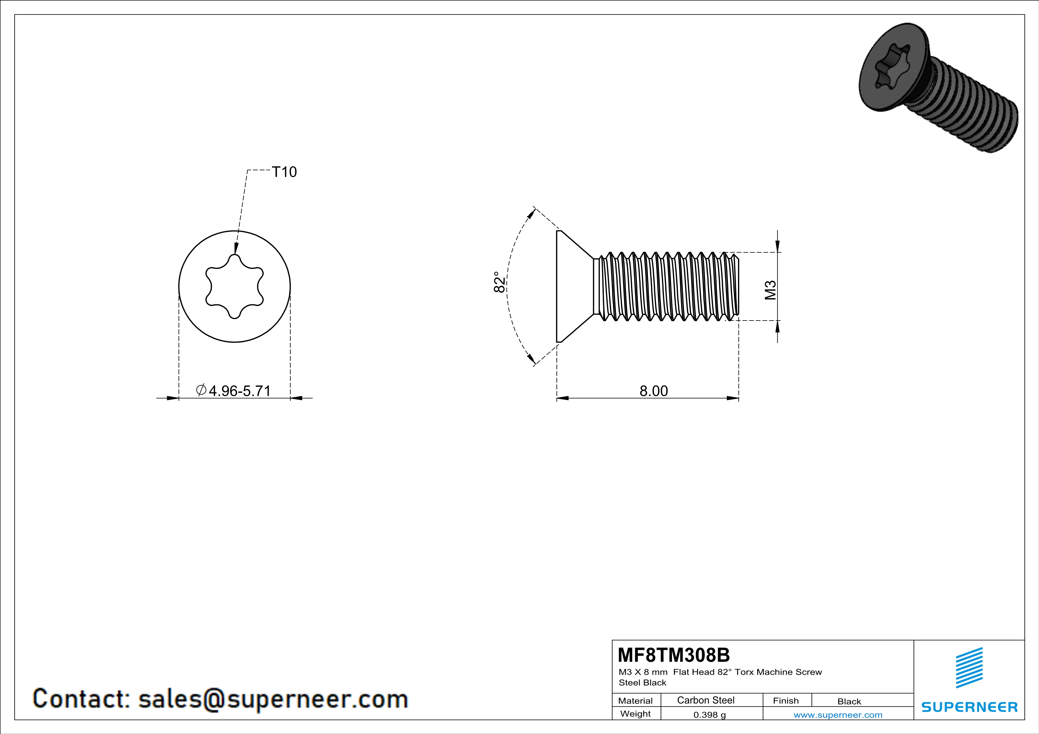 M3 x 8 mm Flat Head 82&deg; Torx Machine Screw Steel Black