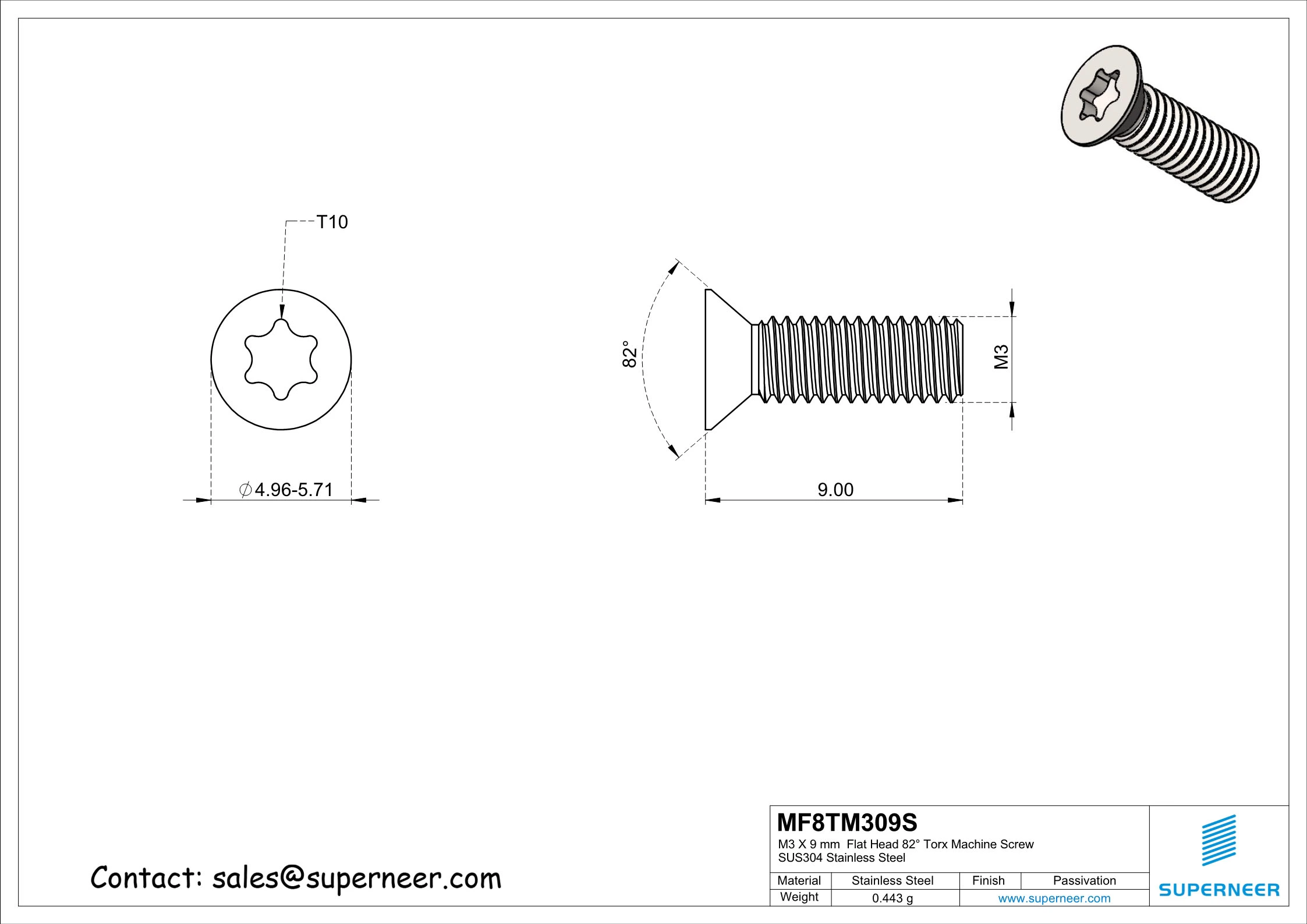 M3 x 9 mm Flat Head 82&deg; Torx Machine Screw SUS304 Stainless Steel Inox
