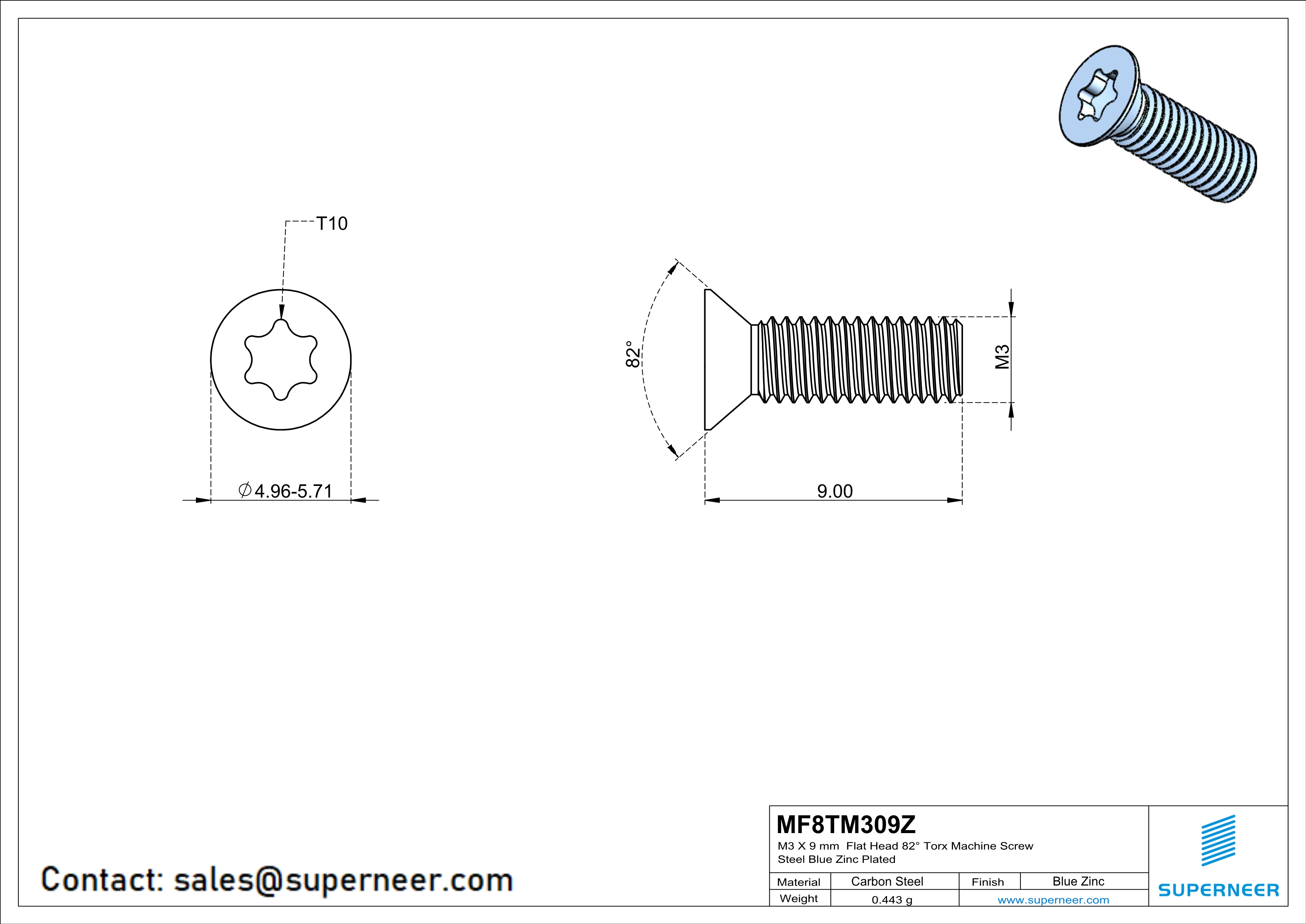 M3 x 9 mm Flat Head 82&deg; Torx Machine Screw Steel Blue Zinc Plated