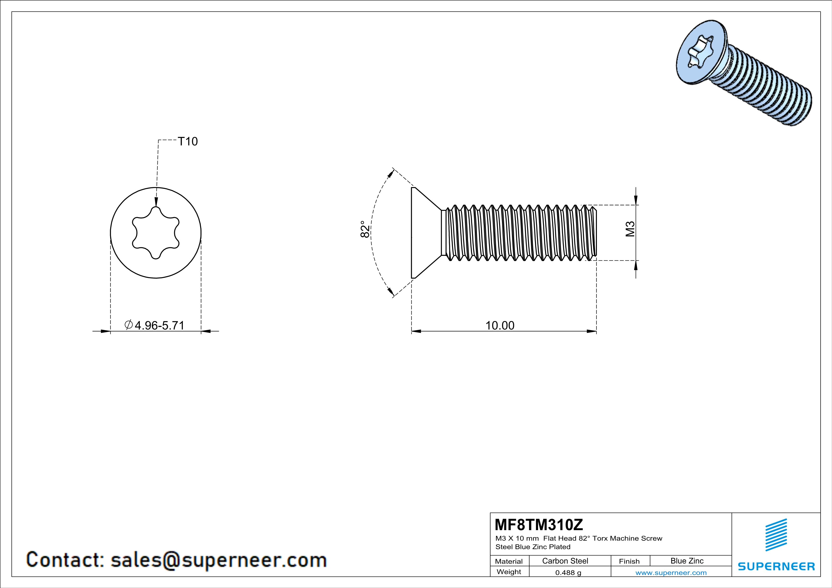 M3 x 10 mm Flat Head 82&deg; Torx Machine Screw Steel Blue Zinc Plated