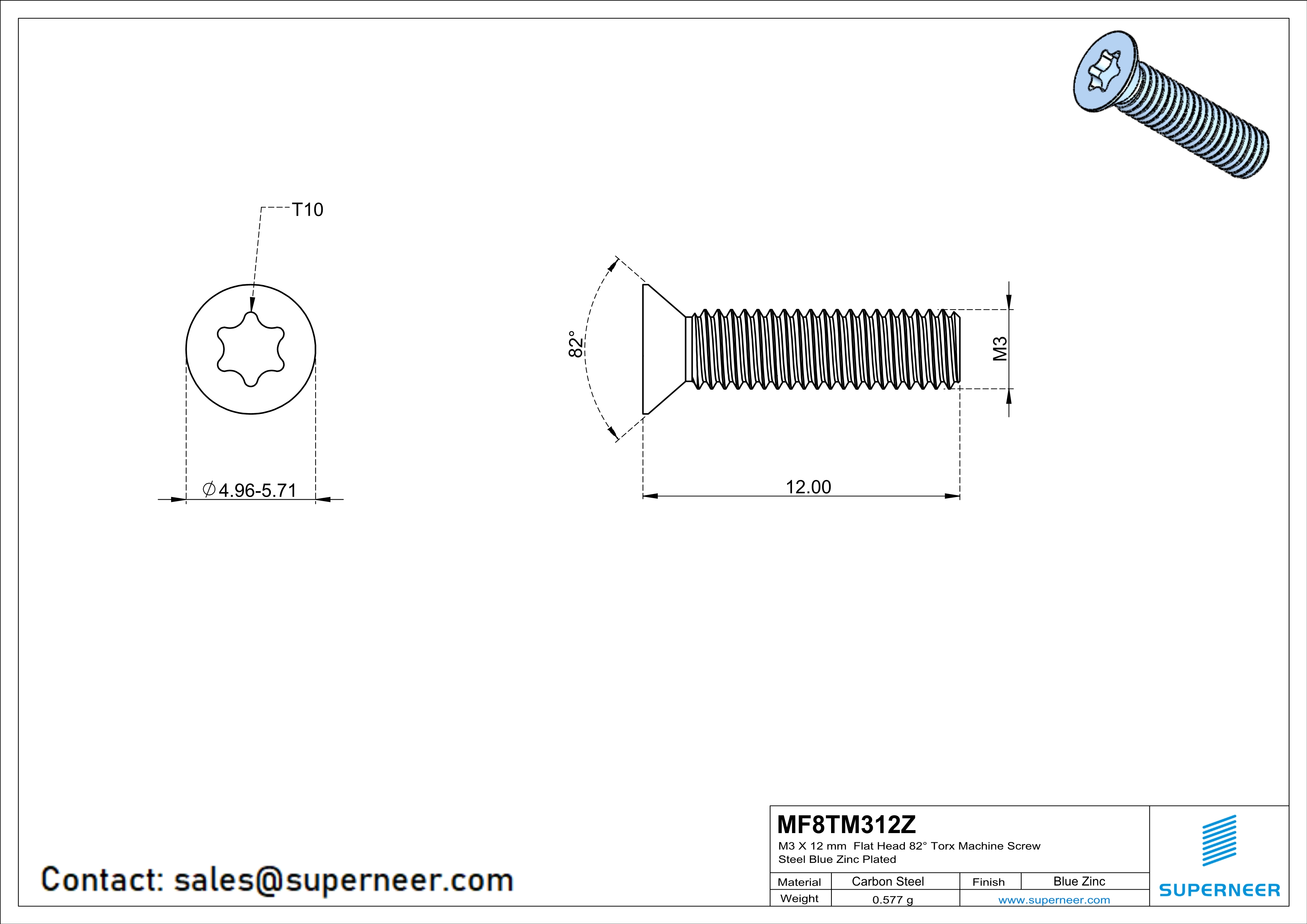 M3 x 12 mm Flat Head 82&deg; Torx Machine Screw Steel Blue Zinc Plated