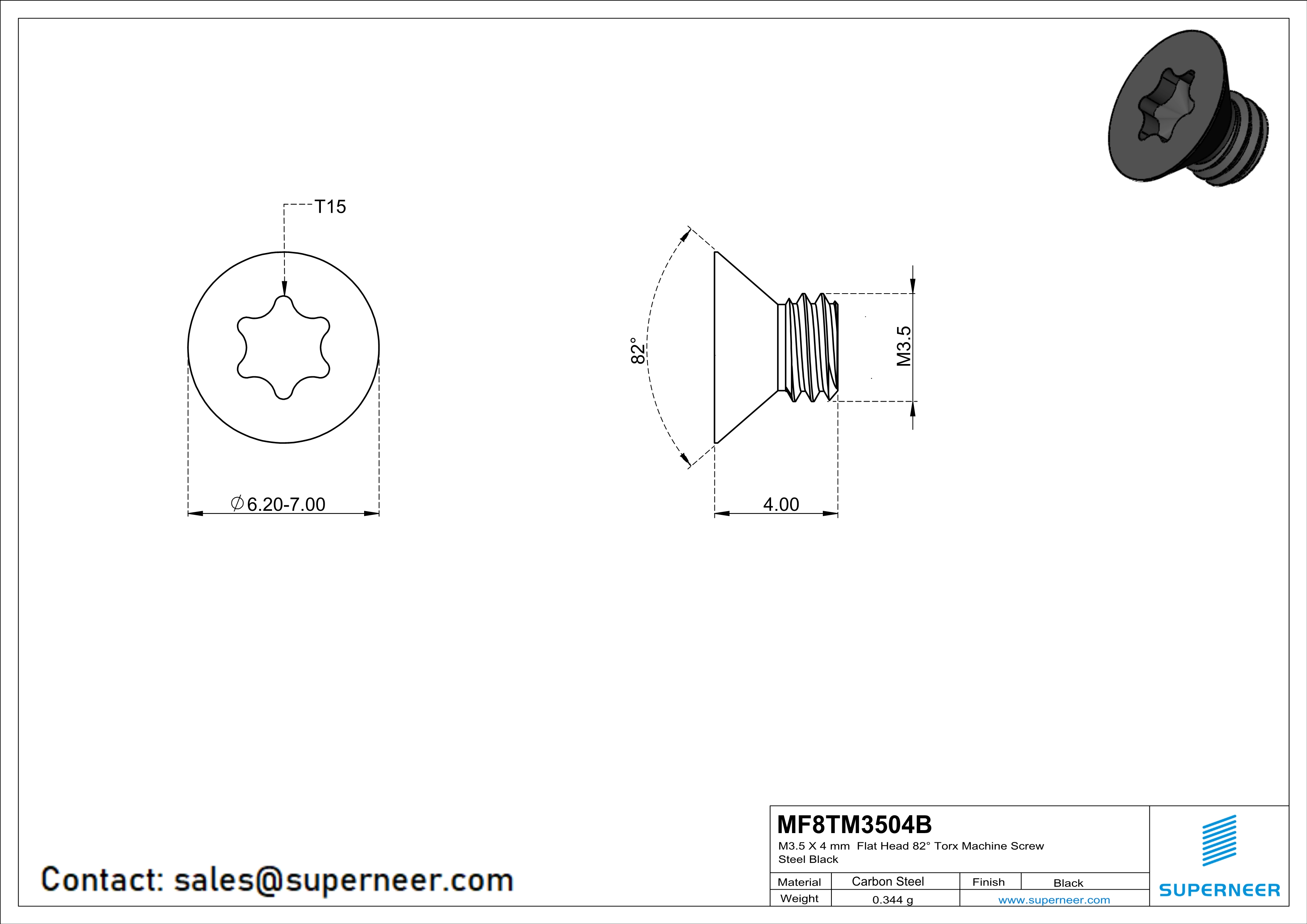 M3.5 x 4 mm Flat Head 82&deg; Torx Machine Screw Steel Black