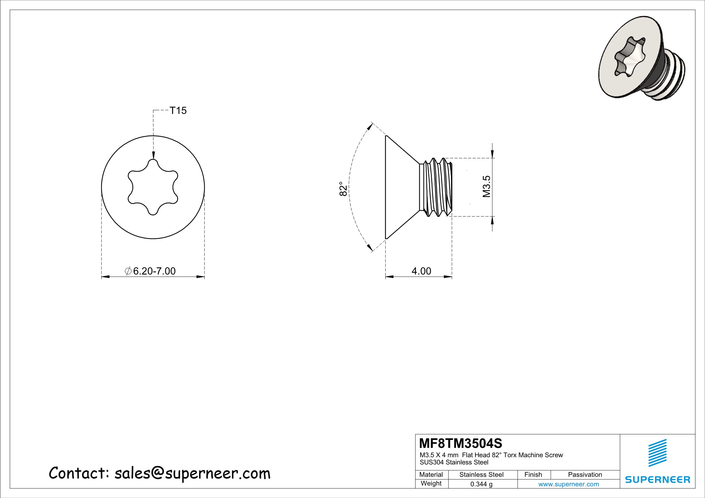 M3.5 x 4 mm Flat Head 82&deg; Torx Machine Screw SUS304 Stainless Steel Inox