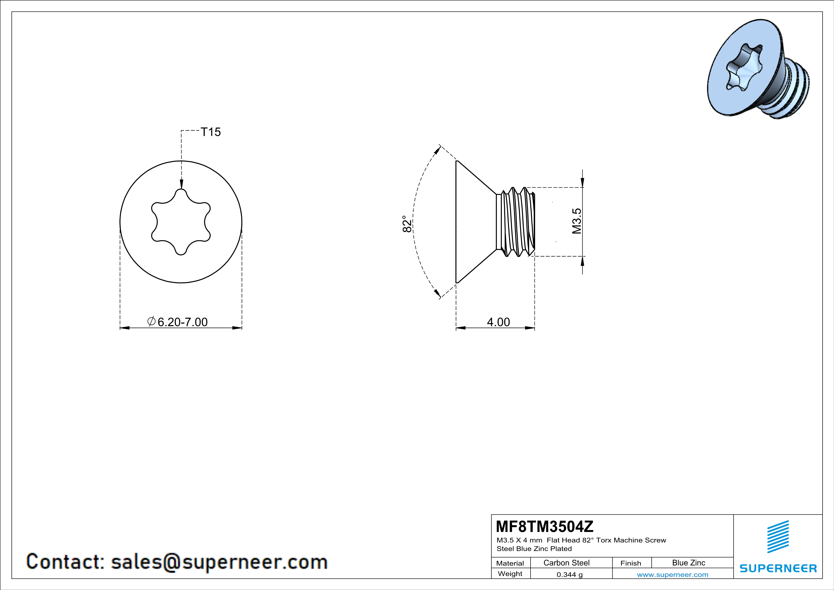 M3.5 x 4 mm Flat Head 82&deg; Torx Machine Screw Steel Blue Zinc Plated
