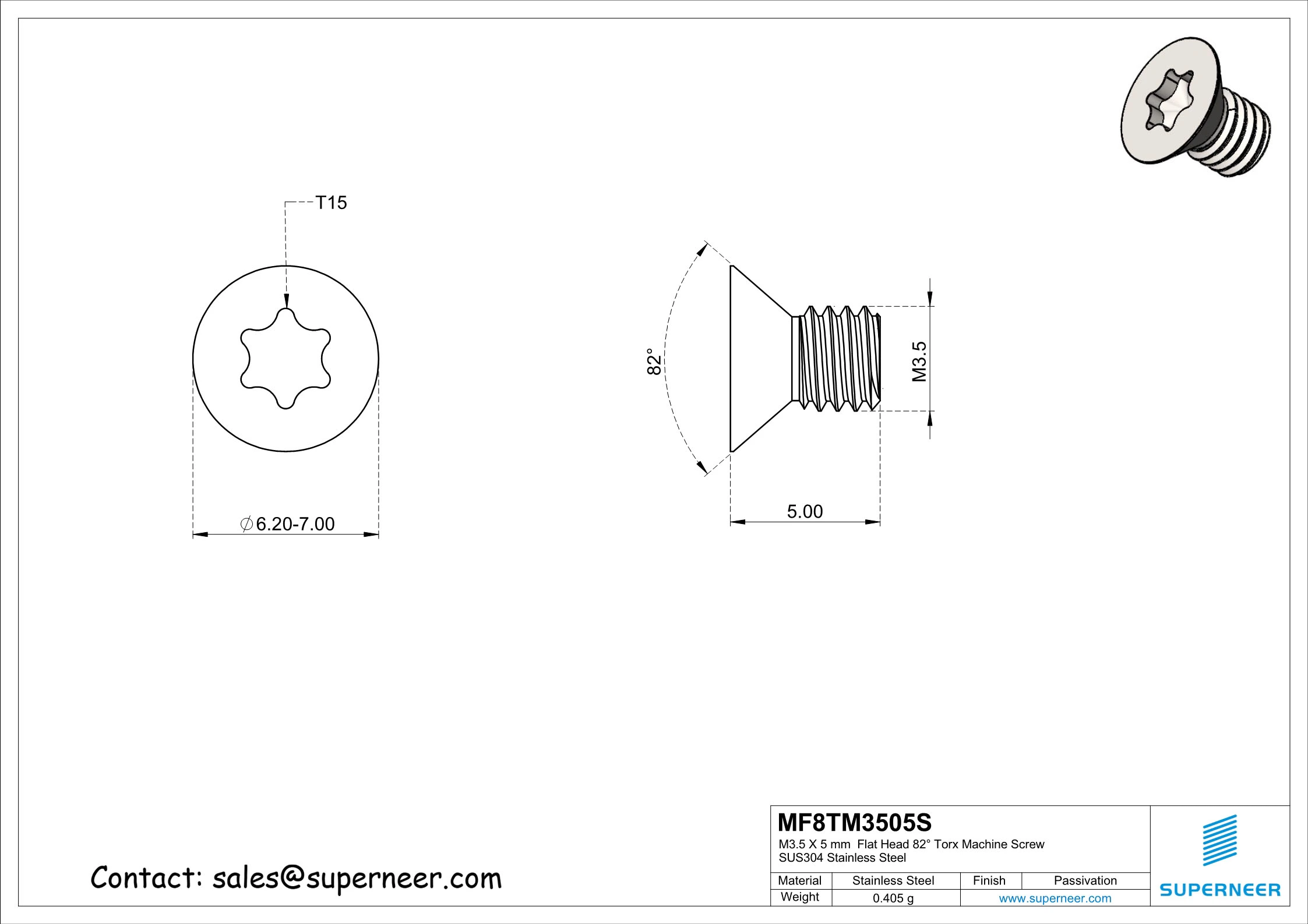 M3.5 x 5 mm Flat Head 82&deg; Torx Machine Screw SUS304 Stainless Steel Inox