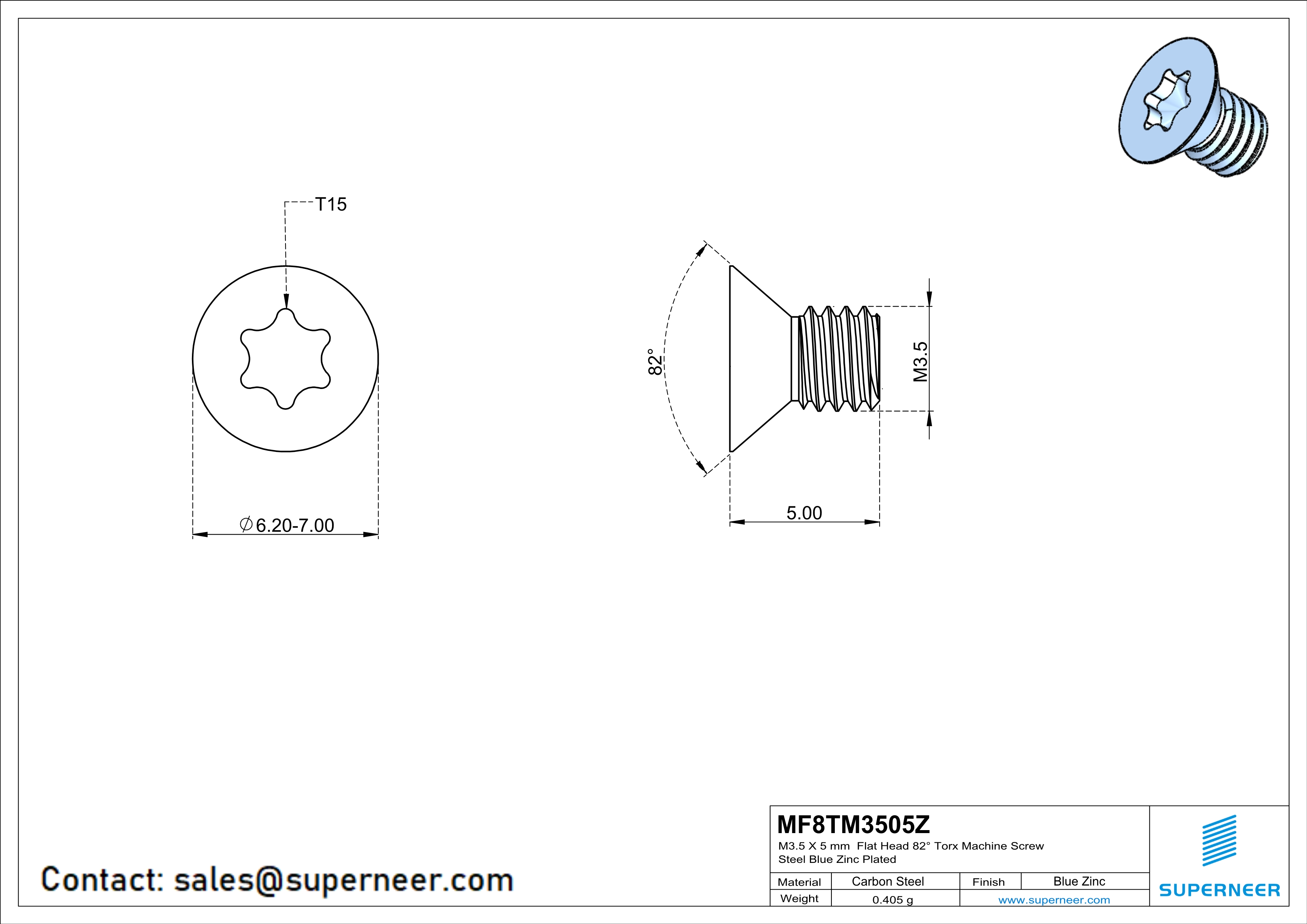 M3.5 x 5 mm Flat Head 82&deg; Torx Machine Screw Steel Blue Zinc Plated