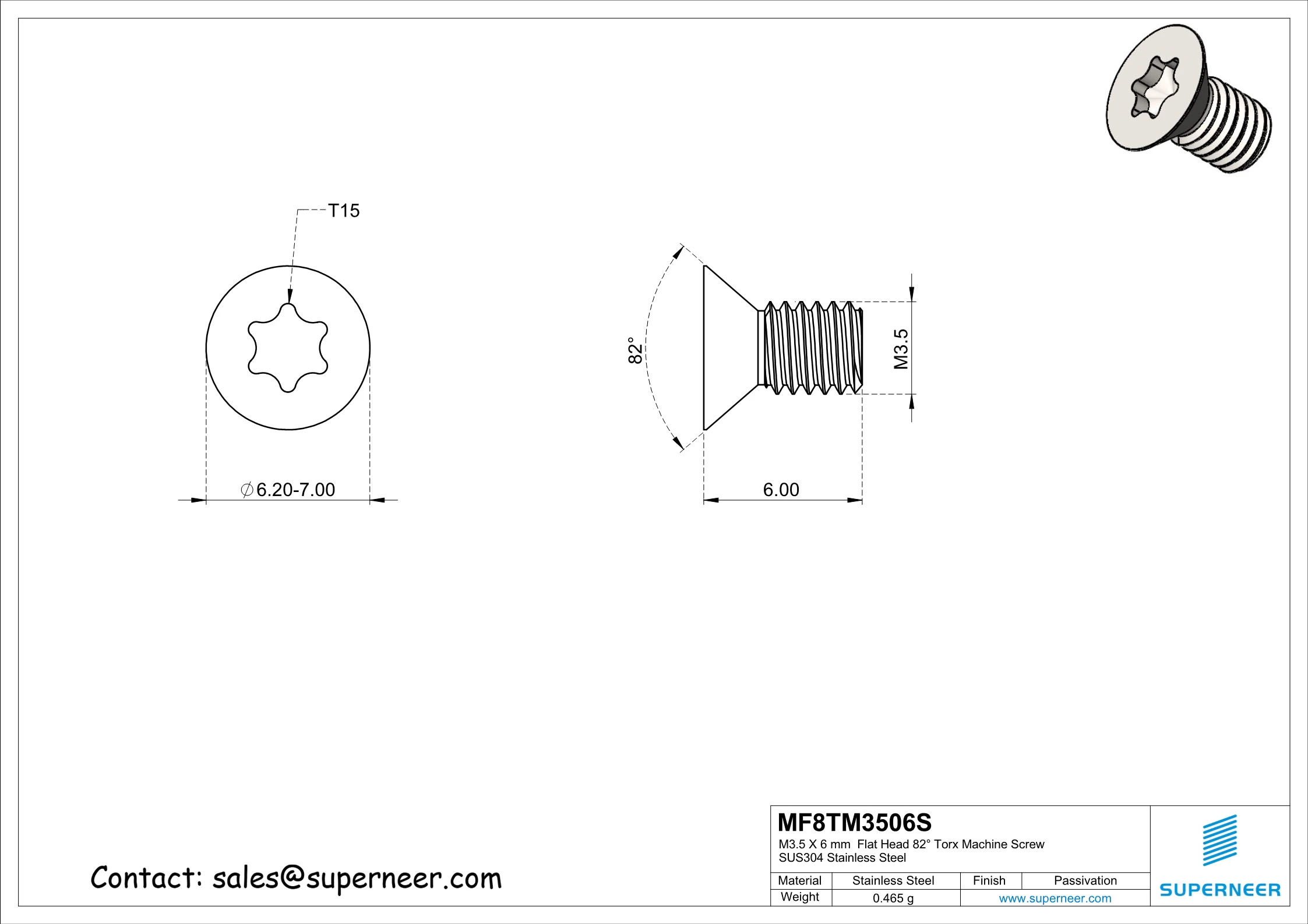 M3.5 x 6 mm Flat Head 82&deg; Torx Machine Screw SUS304 Stainless Steel Inox