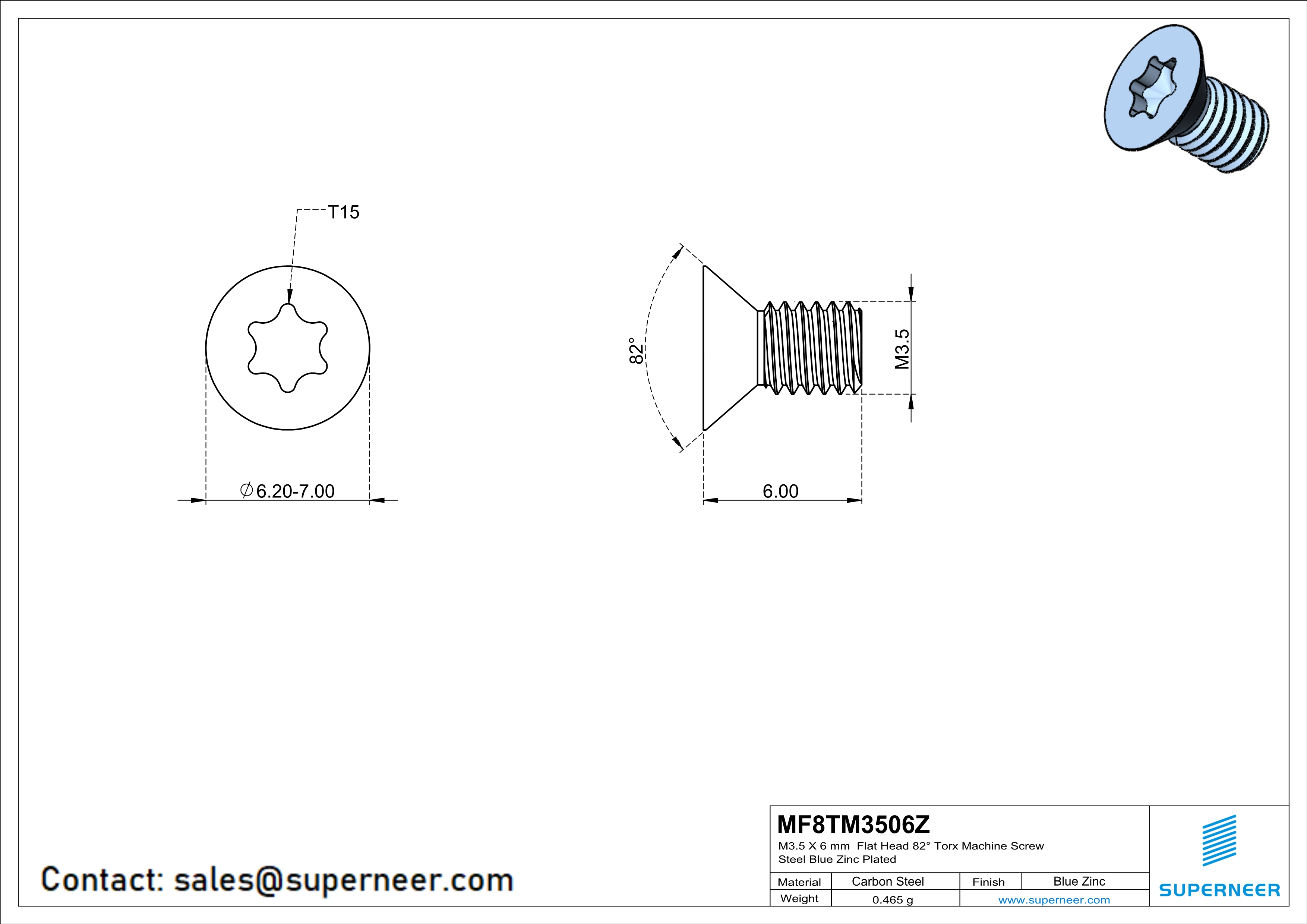 M3.5 x 6 mm Flat Head 82&deg; Torx Machine Screw Steel Blue Zinc Plated