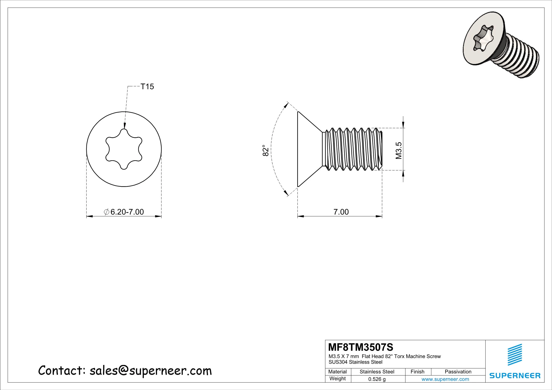 M3.5 x 7 mm Flat Head 82&deg; Torx Machine Screw SUS304 Stainless Steel Inox