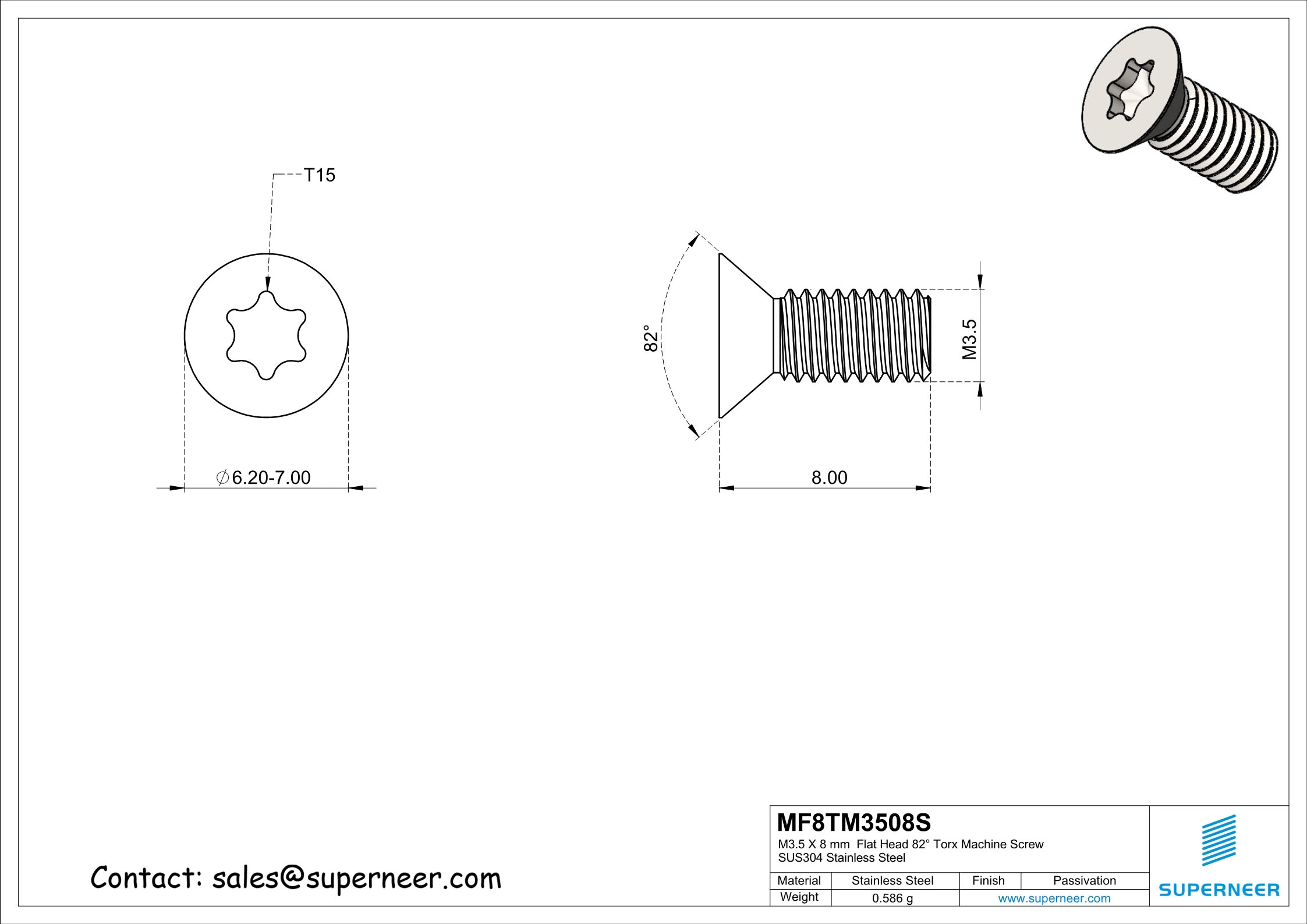 M3.5 x 8 mm Flat Head 82&deg; Torx Machine Screw SUS304 Stainless Steel Inox