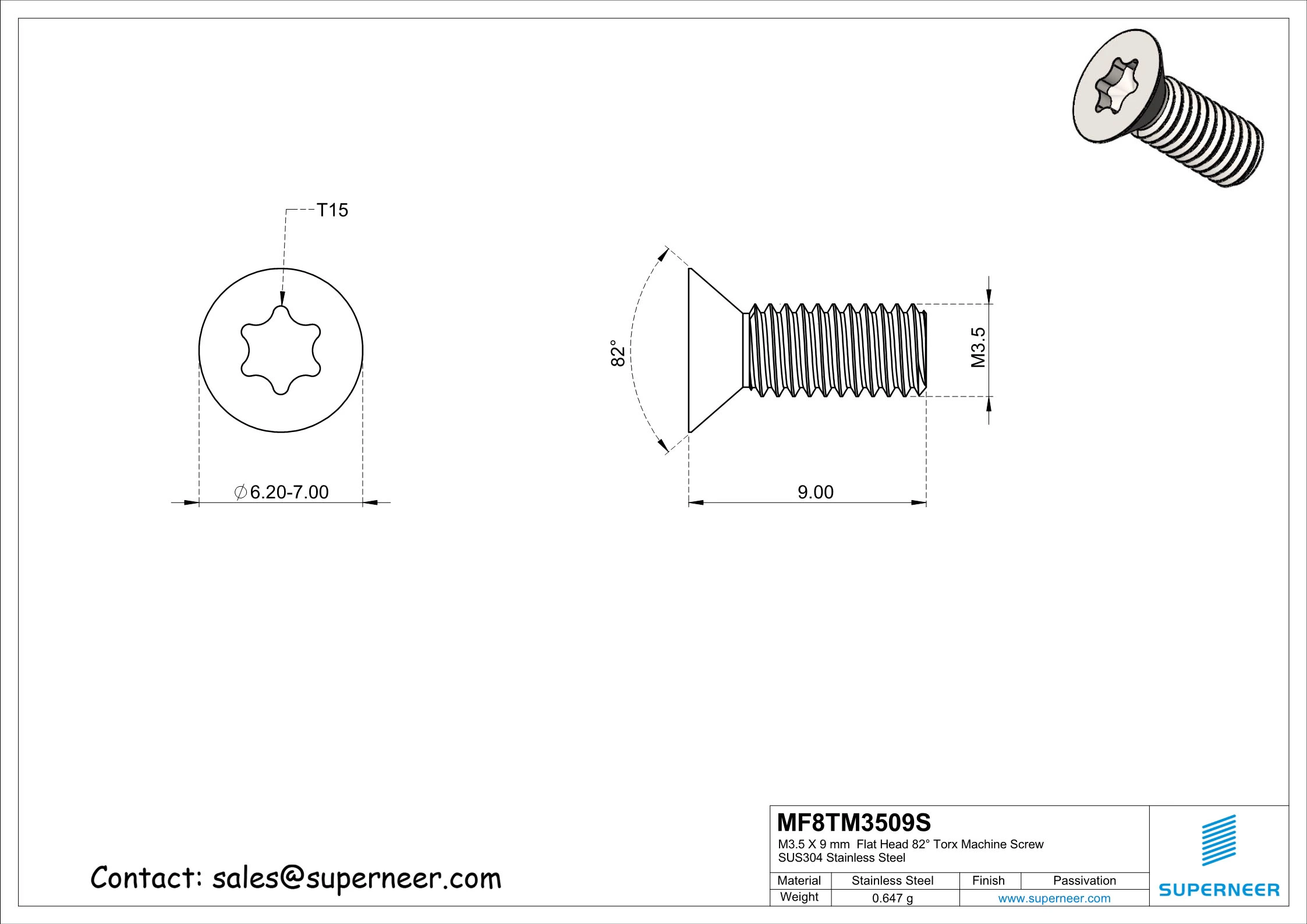 M3.5 x 9 mm Flat Head 82&deg; Torx Machine Screw SUS304 Stainless Steel Inox