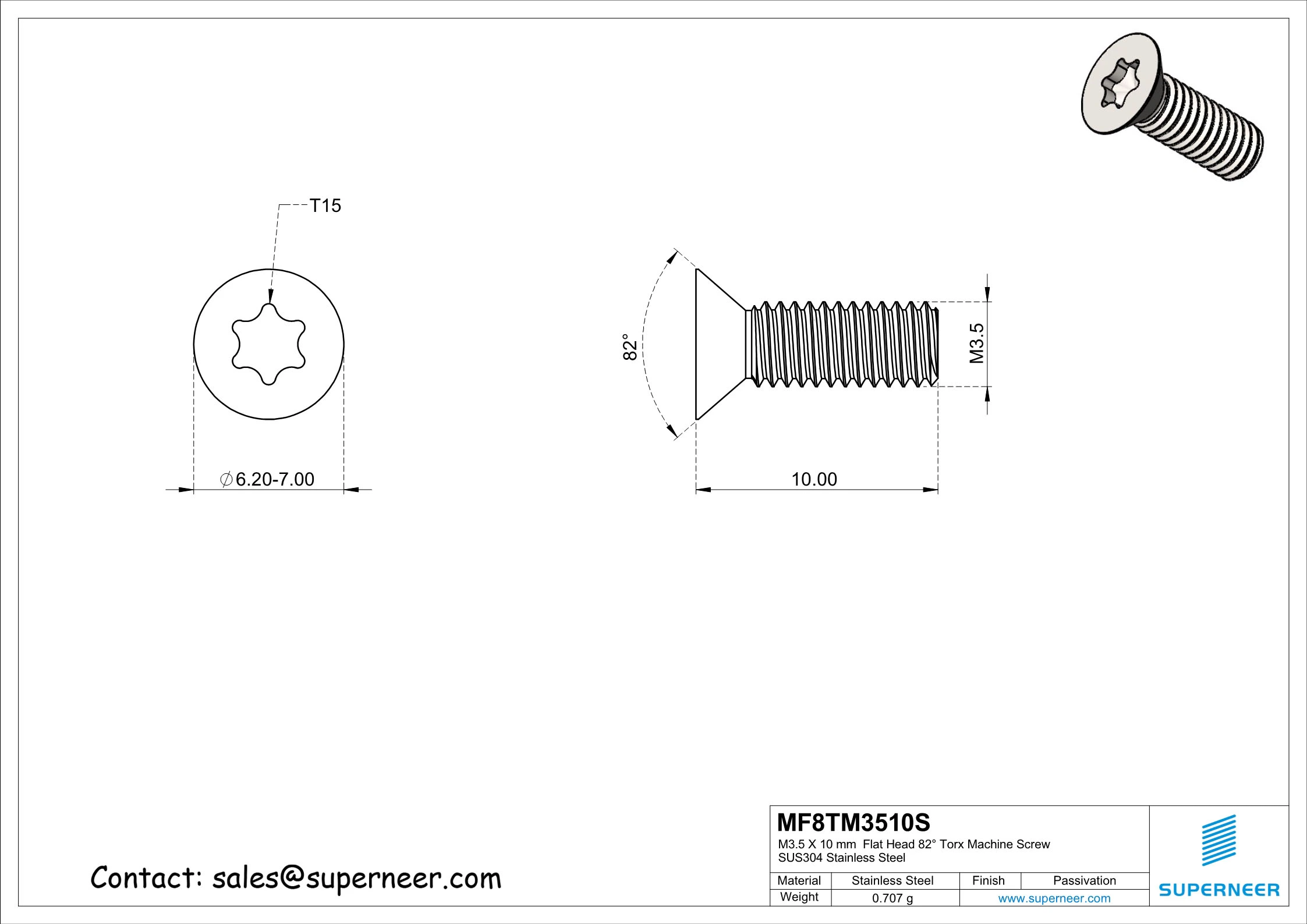 M3.5 x 10 mm Flat Head 82&deg; Torx Machine Screw SUS304 Stainless Steel Inox