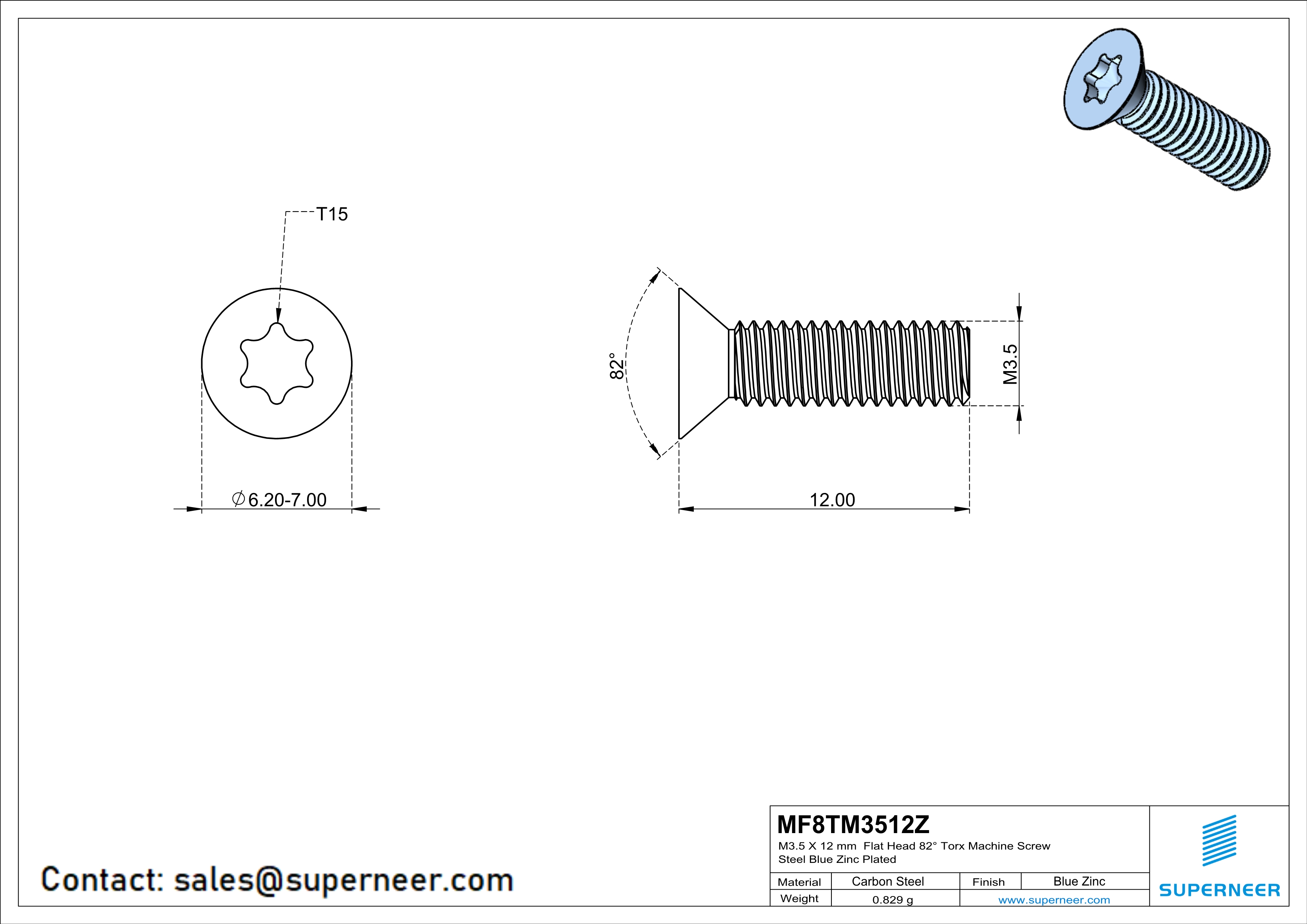 M3.5 x 12 mm Flat Head 82&deg; Torx Machine Screw Steel Blue Zinc Plated