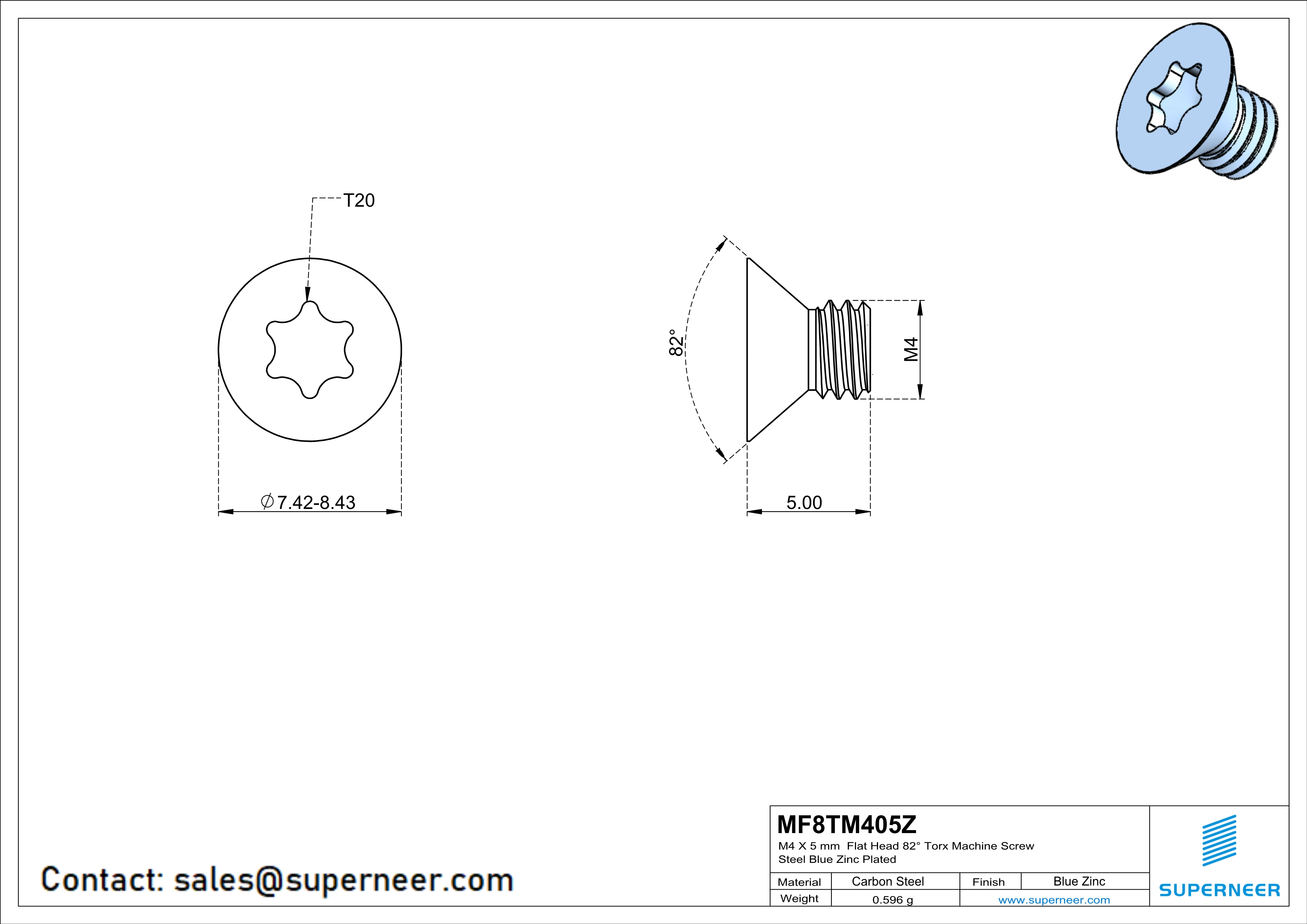 M4 x 5 mm Flat Head 82&deg; Torx Machine Screw Steel Blue Zinc Plated