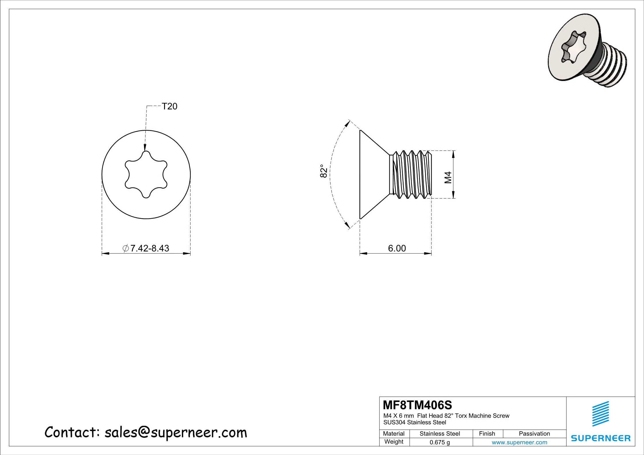 M4 x 6 mm Flat Head 82&deg; Torx Machine Screw SUS304 Stainless Steel Inox